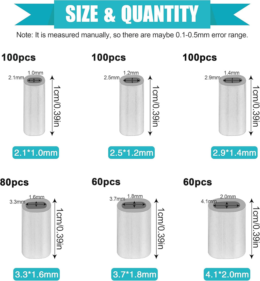 SILANON Fishing Aluminum Crimp Sleeves Kit, 500pcs Single Barrel Crimp Sleeves Oval Crimping Loop Sleeve Assortment Fishing Line Tube Connector Wire Leader Rigging Tackle for Wire Rope Cable