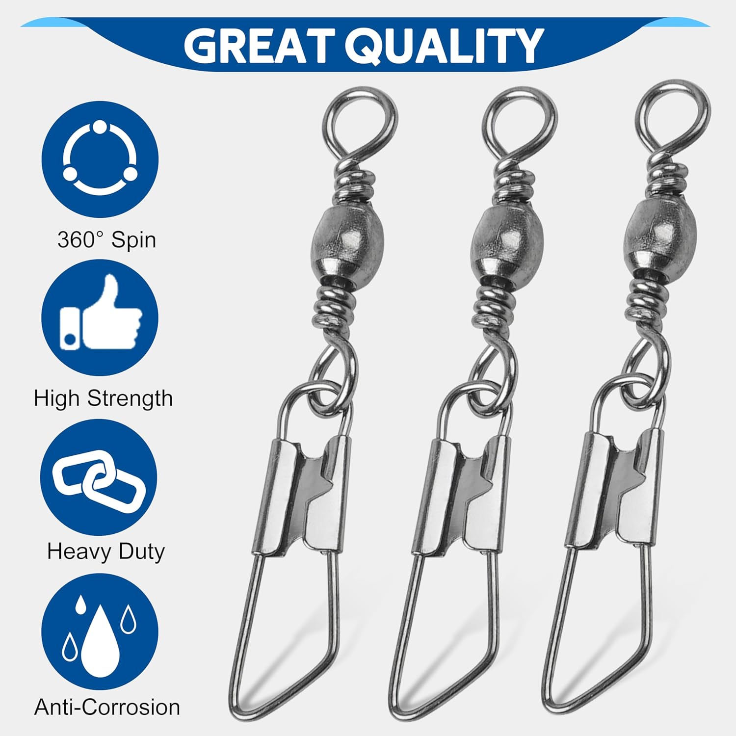 SILANON Fishing Snap Swivel Kit, 75pcs Rolling Barrel Swivels with Safety Snap High Strength Fishing Line Connector Swivels Snap Fishing Tackle