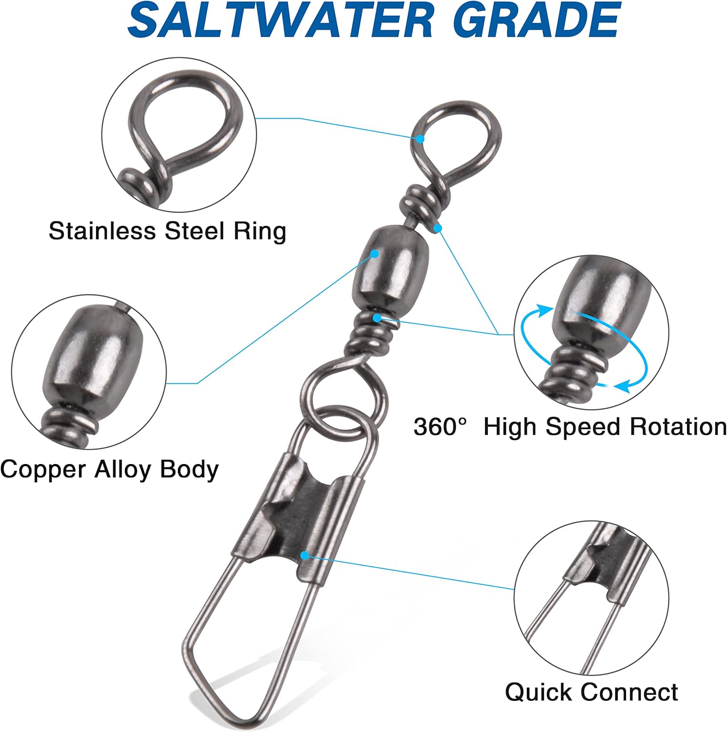 SILANON Barrel Fishing Swivel with Safety Snap -120pcs High Strength Barrel Snaps Swivel Fishing Tackle Line Connector Solid Rings(Black/Gold)