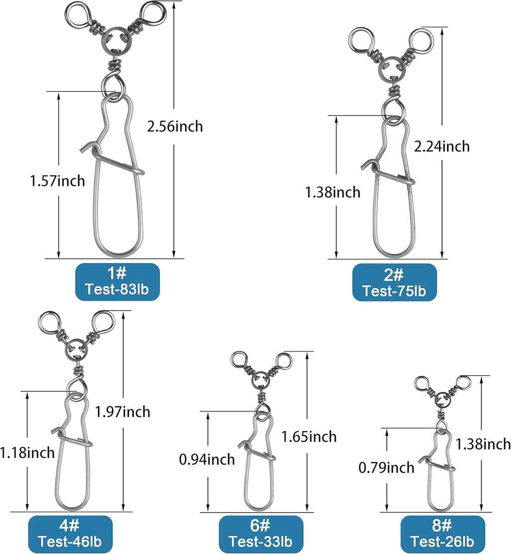 SILANON Fishing 3 Way Swivel Snaps Stainless Steel Cross Line Duo Lock Snap Swivels Saltwater Barrel Triple Swivels Fishing Tackle Connector for Catfish Trolling Surf Rig 26-83LB