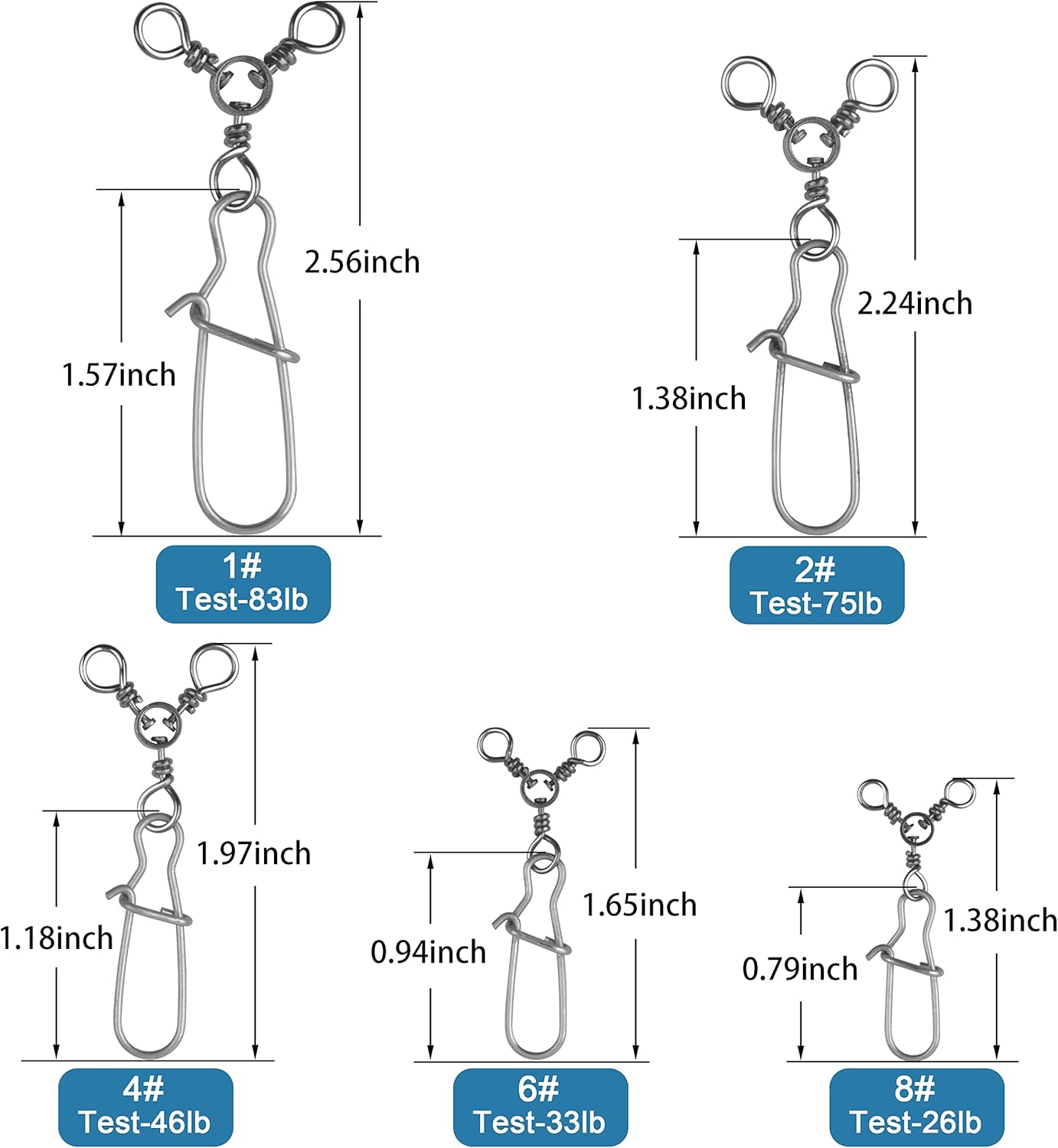 SILANON Fishing 3 Way Swivel Snaps Stainless Steel Cross Line Duo Lock Snap Swivels Saltwater Barrel Triple Swivels Fishing Tackle Connector for Catfish Trolling Surf Rig 26-83LB