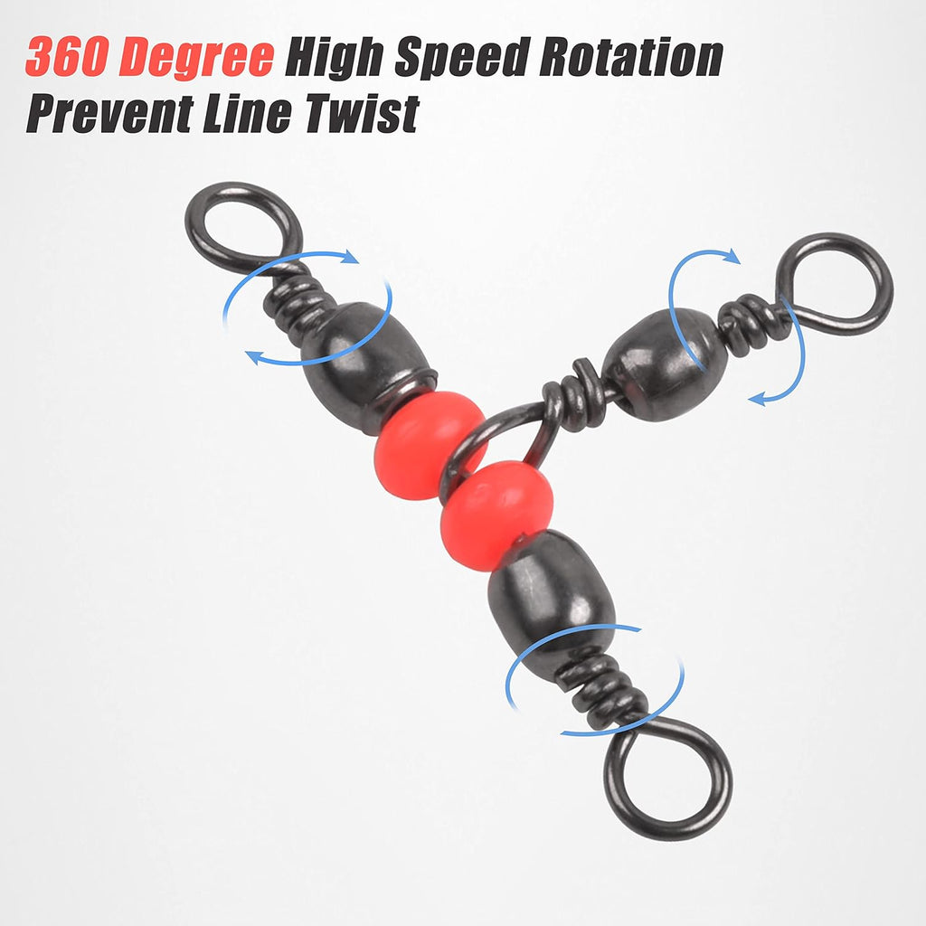 SILANON 3 Way T-Turn Barrel Swivels Fishing Tackle,40pcs Brass Barrel Triple Swivel Cross Line 3 Way Barrel Fishing Connector with Red Fishing Beads for Freshwater Saltwater Test 20-100LB