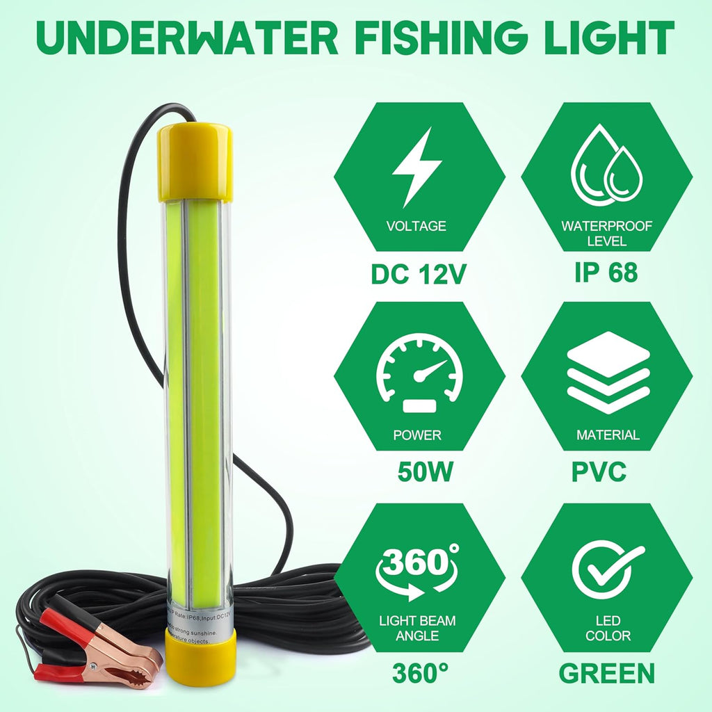 Underwater Fishing Light 30000 Lumens 12V 50W LED Submersible Fishing Light Green Night Fish Attracting Light Waterproof Fishing Bait Finder Attractants Boat Lamp for Squid Shrimp Snook Crappie