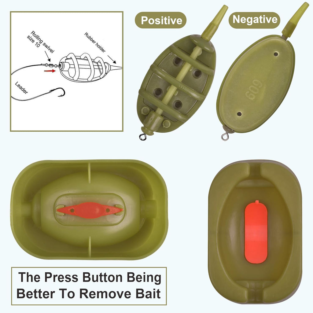 Carp Fishing Method Feeder Set 4 Inline Method Feeders with 1 Quick Release Carp Fishing Equipment Tackle for Baits Holder Tool