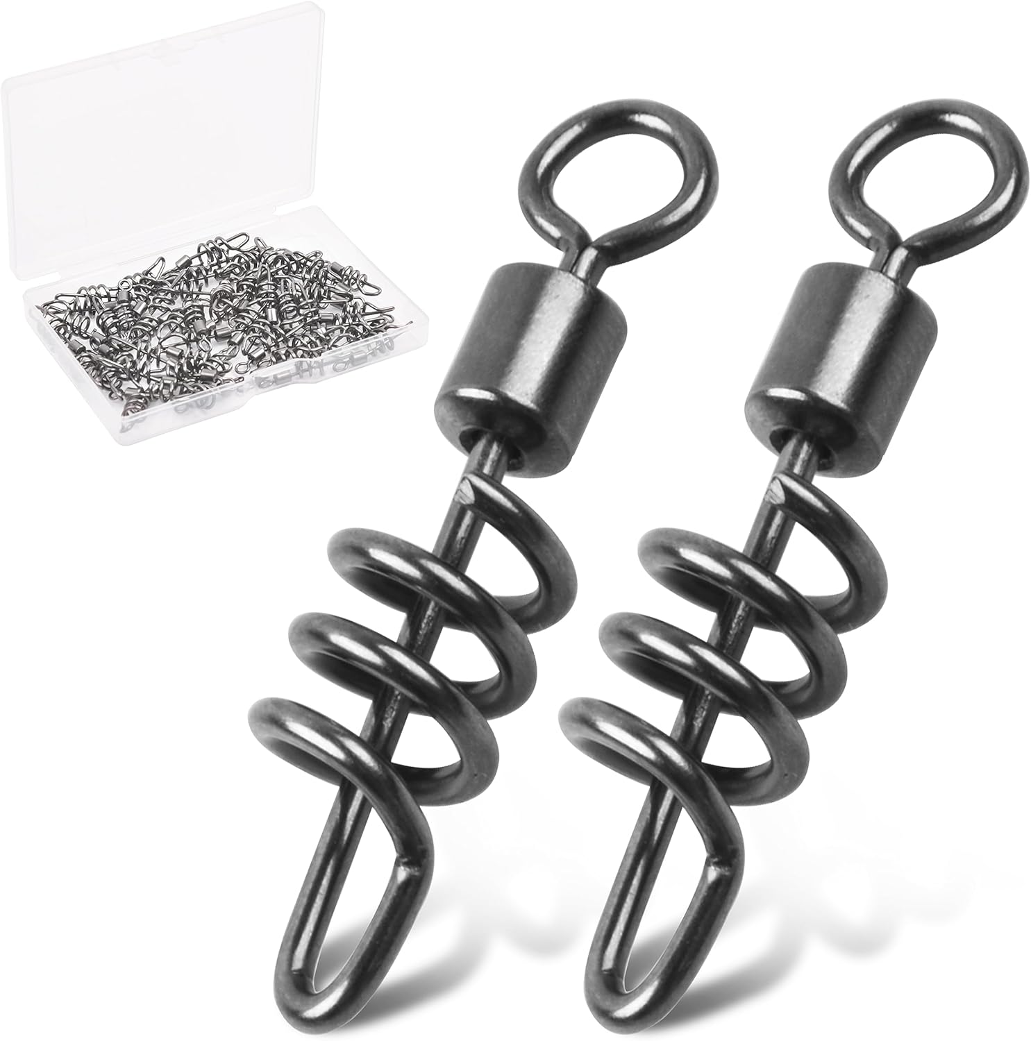 SILANON Fishing Corkscrew Snaps Swivel, 50pcs Stainless Steel Swirl Snap Swivels Barrel Rolling Swivels with Corkscrew Quick Clips Saltwater Freshwater Fishing Lure Line Connectors 2/0-8#