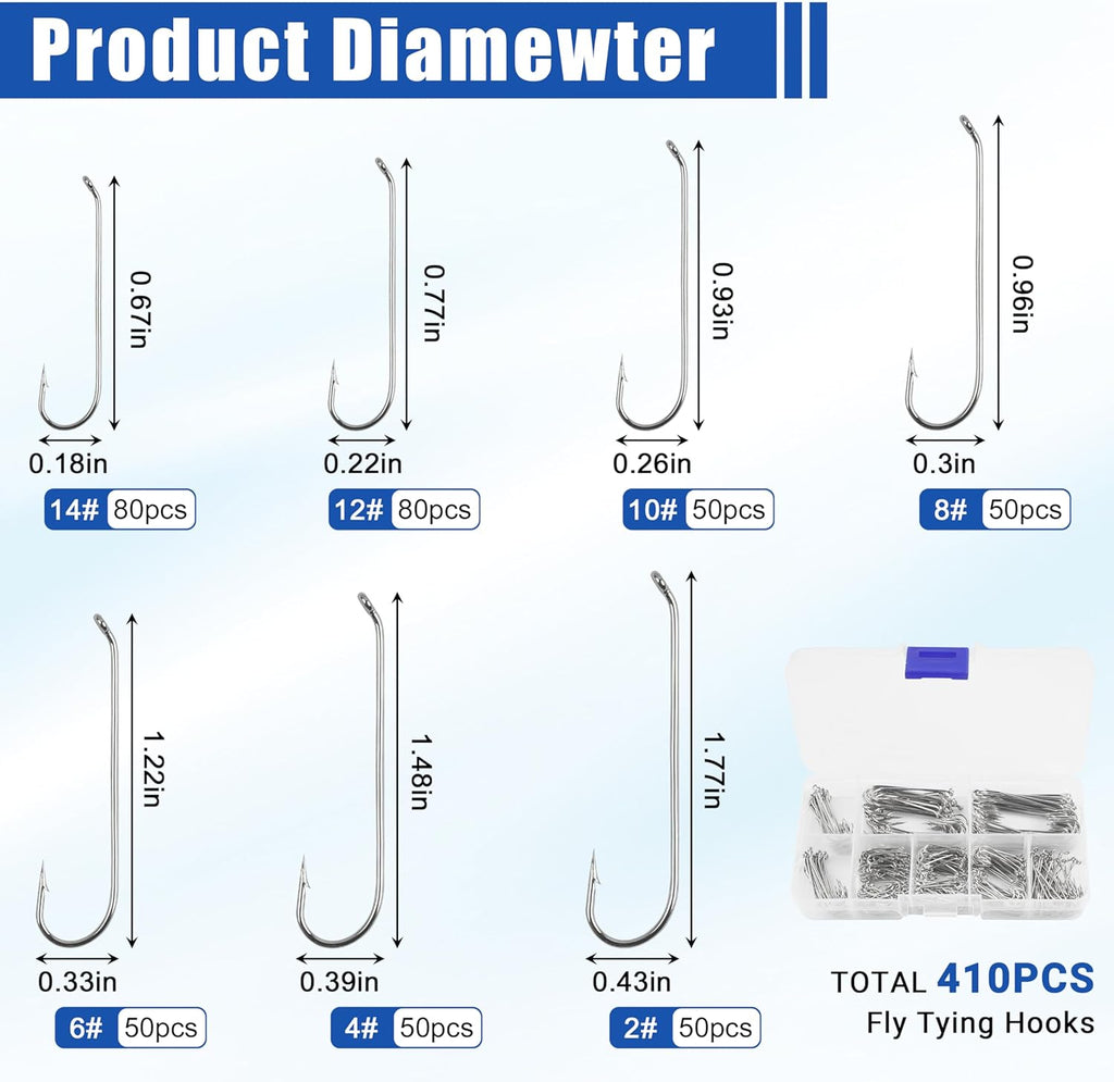 Fly Tying Hooks Assortment Kit, 410pcs Dry Fly Fishing Hooks Long Shank Eye Down Streamer Fly Hooks Dry Wet Flies Nymph Strimp & Pupa Streamer, Caddis Jig Fishing Hooks