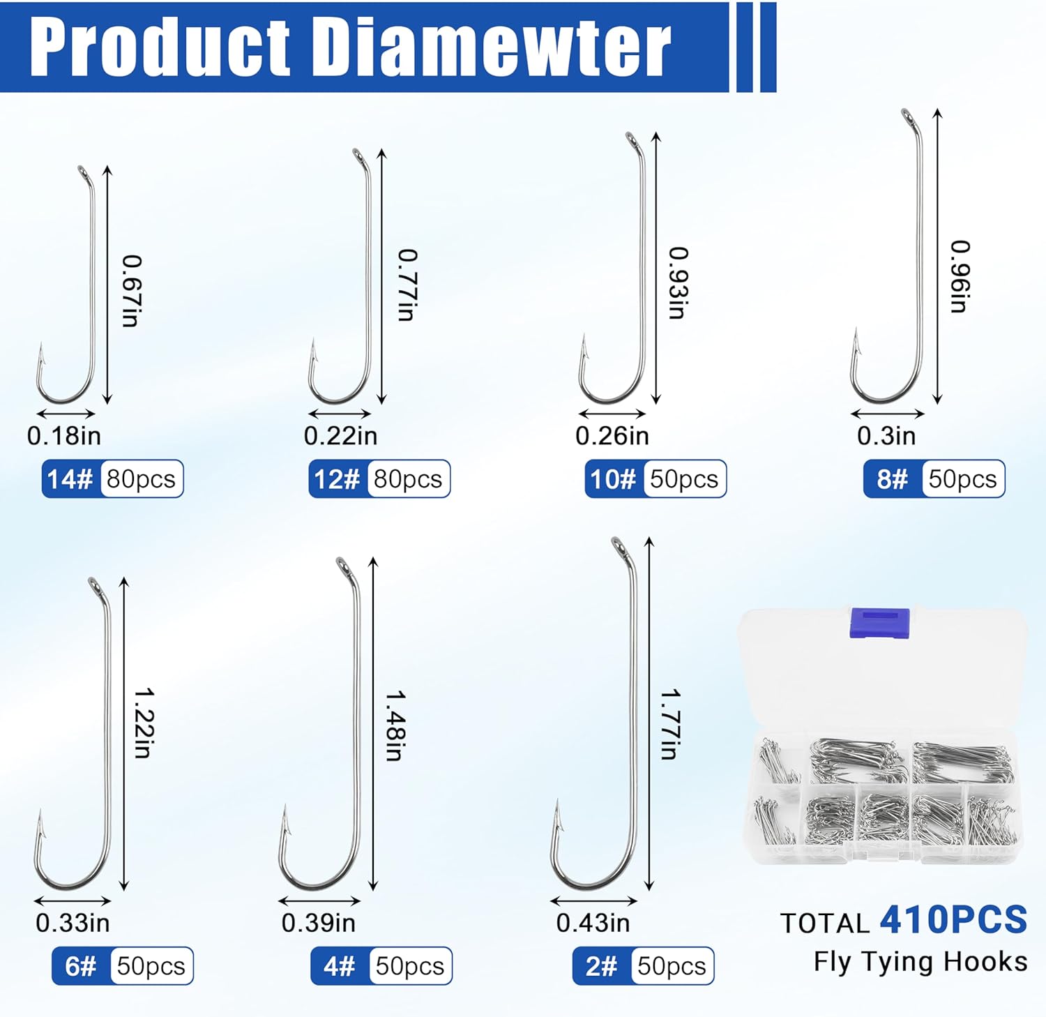 Fly Tying Hooks Assortment Kit, 410pcs Dry Fly Fishing Hooks Long Shank Eye Down Streamer Fly Hooks Dry Wet Flies Nymph Strimp & Pupa Streamer, Caddis Jig Fishing Hooks
