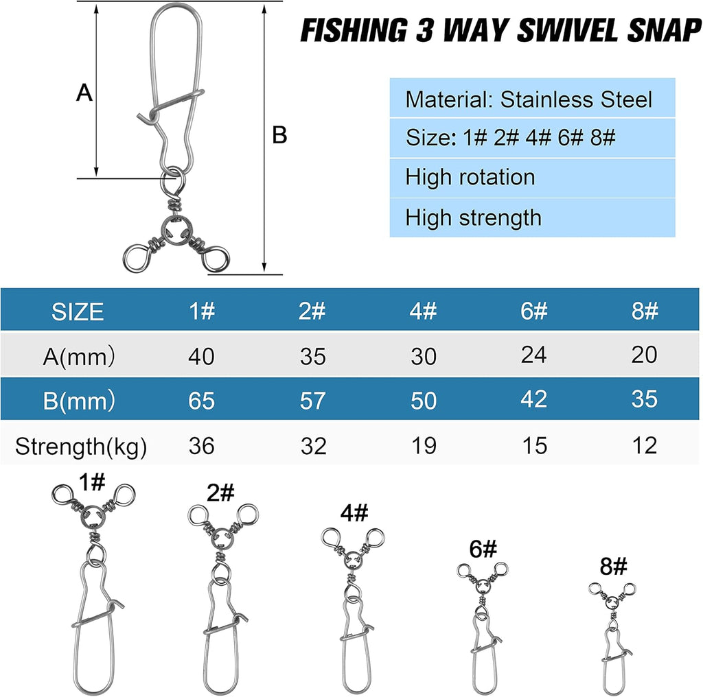 SILANON Fishing 3 Way Swivel Snaps Stainless Steel Cross Line Duo Lock Snap Swivels Saltwater Barrel Triple Swivels Fishing Tackle Connector for Catfish Trolling Surf Rig 26-83LB