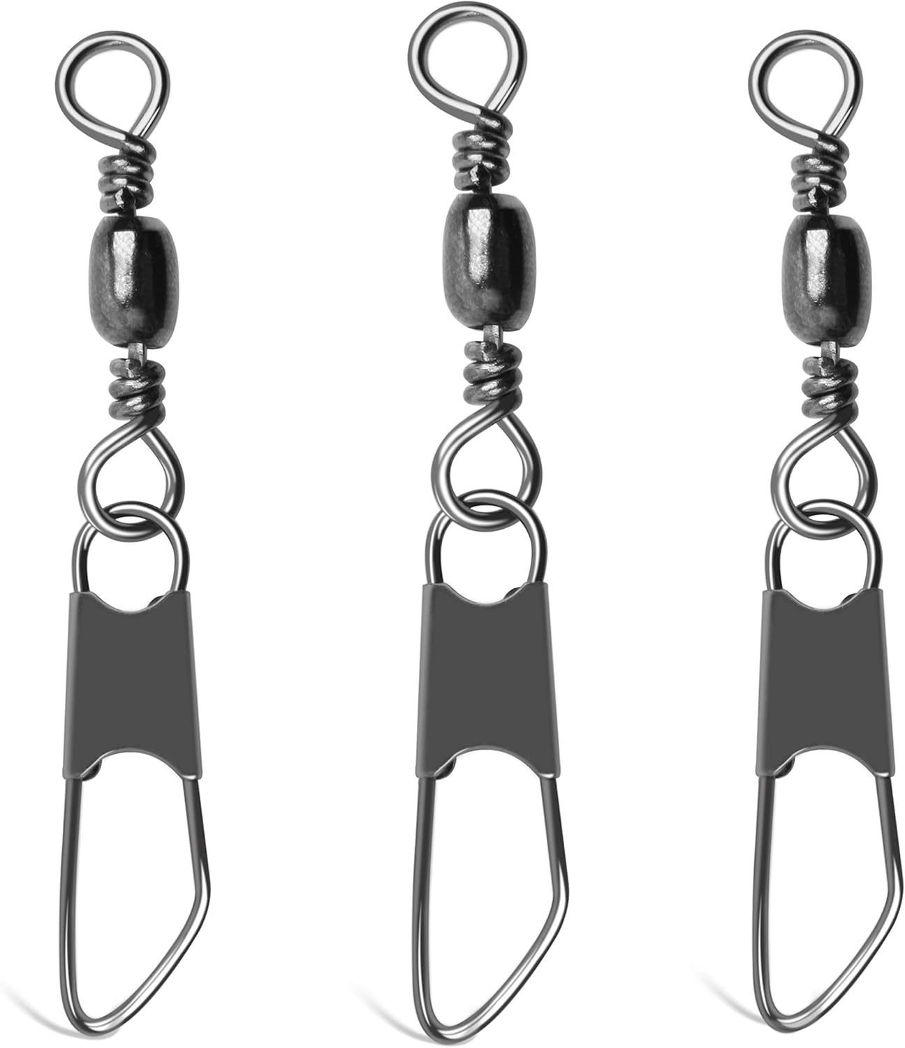 SILANON Barrel Fishing Swivel with Safety Snap -120pcs High Strength Barrel Snaps Swivel Fishing Tackle Line Connector Solid Rings(Black/Gold)