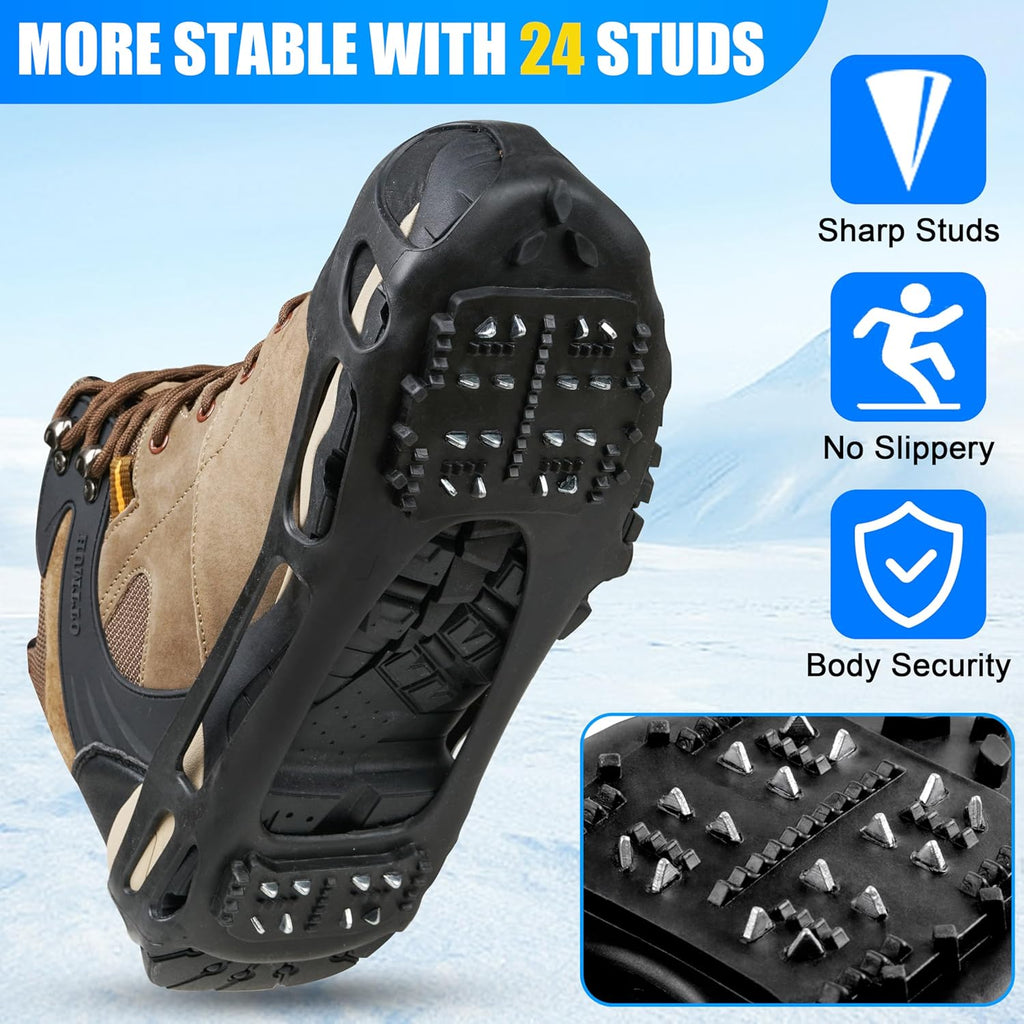 Ice Cleats Crampons for Shoes and Boots Anti Slip Snow Cleats 24 Shoe Spikes for Snow and Ice Grippers Crampons for Hiking Boots Women Men Kids Winter Walking Hiking Fishing