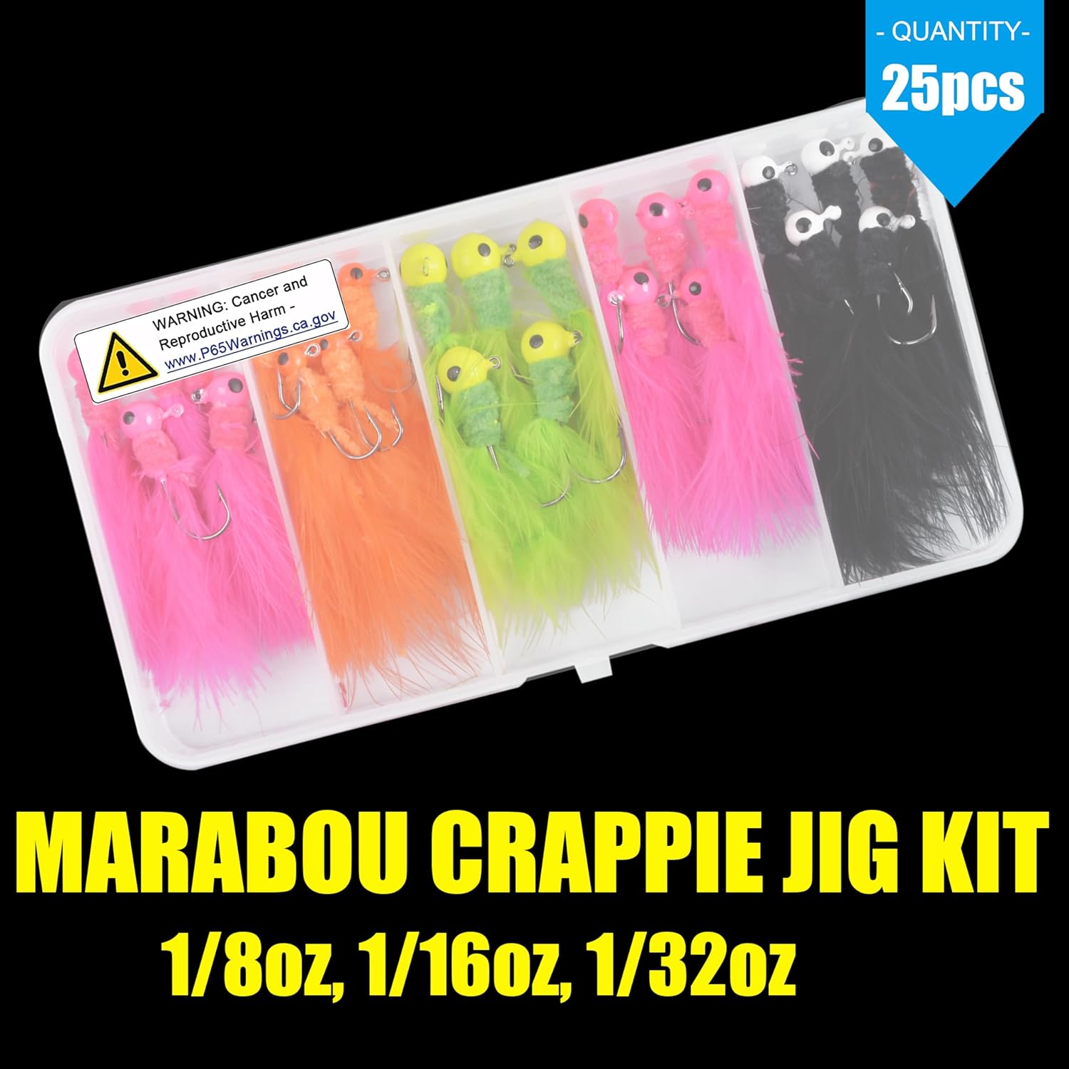 Marabou Jigs Fishing Lure Kit,25pcs Crappie Jigs Head Marabou Feather Jig Head Hooks Fishing Hair Jigs Baits for Bass Trout Walleye Panfish 1/32oz 1/16oz 1/8oz