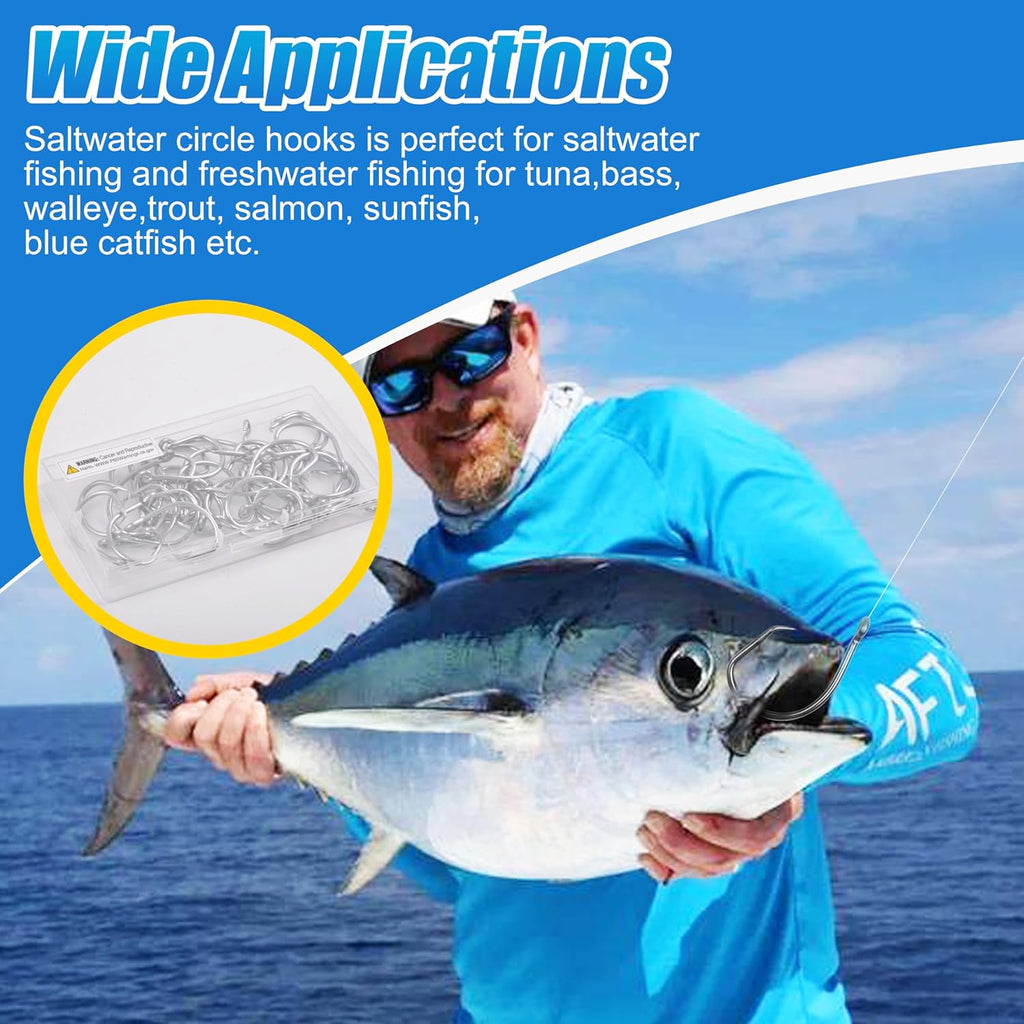 SILANON Circle Hooks Saltwater, 35pcs Stainless Steel Fishing Hooks Wide Gap Tuna Hooks Big Game Short Shank for Bass Catfish Bluegill