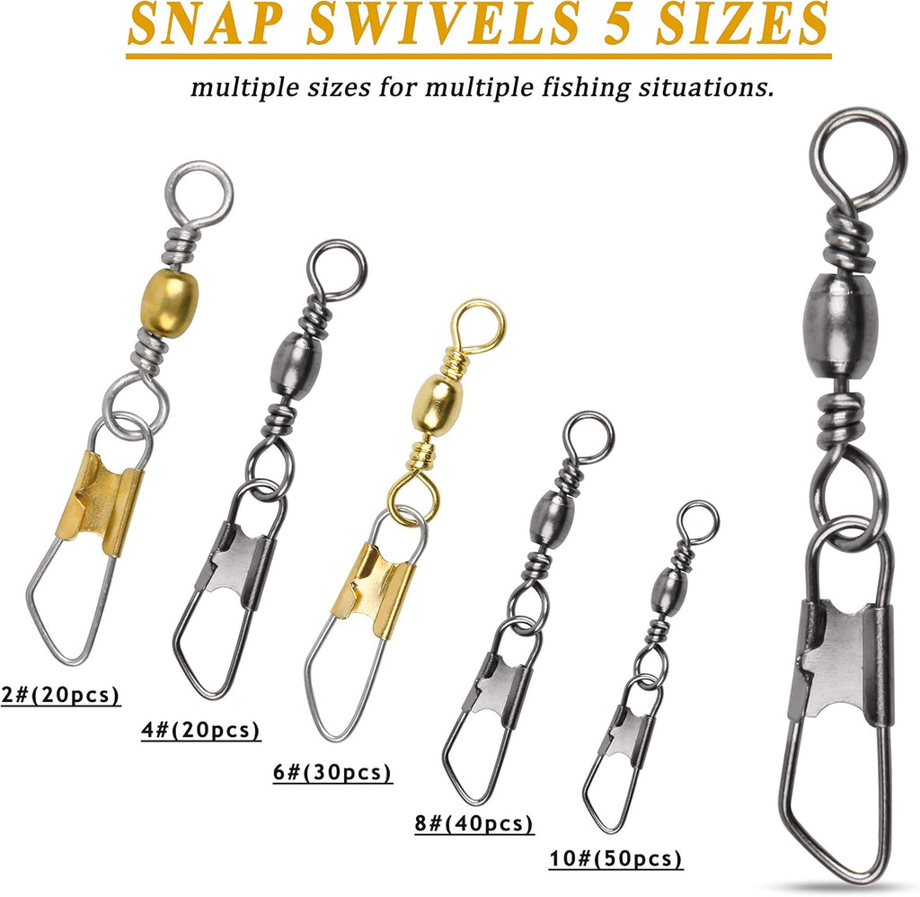 SILANON Fishing Barrel Swivel with Safety Snap,145/160pcs High Strength Fishing Snap Swivels Stainless Steel Line Connector Saltwater Fishing Tackle Accessories