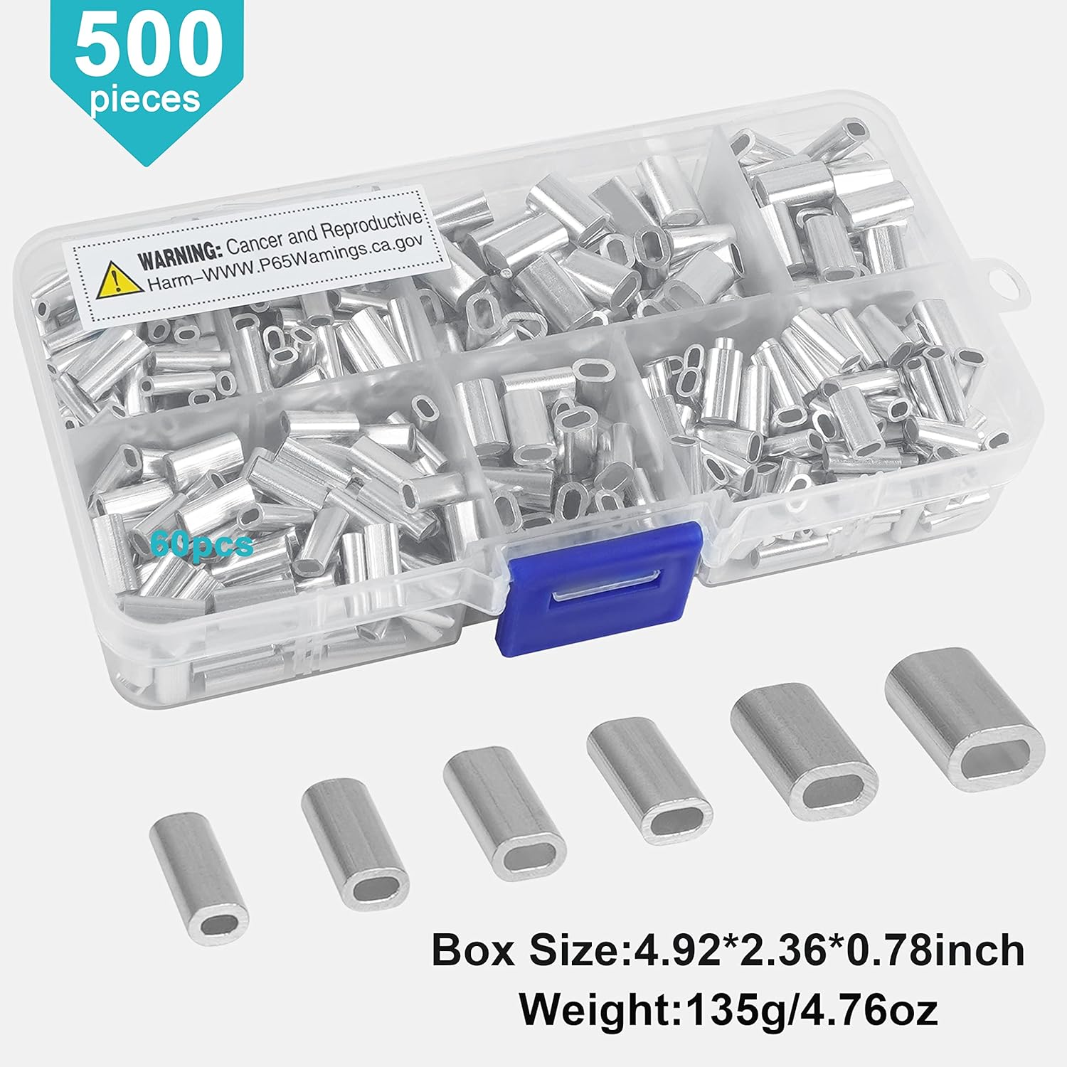 SILANON Fishing Aluminum Crimp Sleeves Kit, 500pcs Single Barrel Crimp Sleeves Oval Crimping Loop Sleeve Assortment Fishing Line Tube Connector Wire Leader Rigging Tackle for Wire Rope Cable