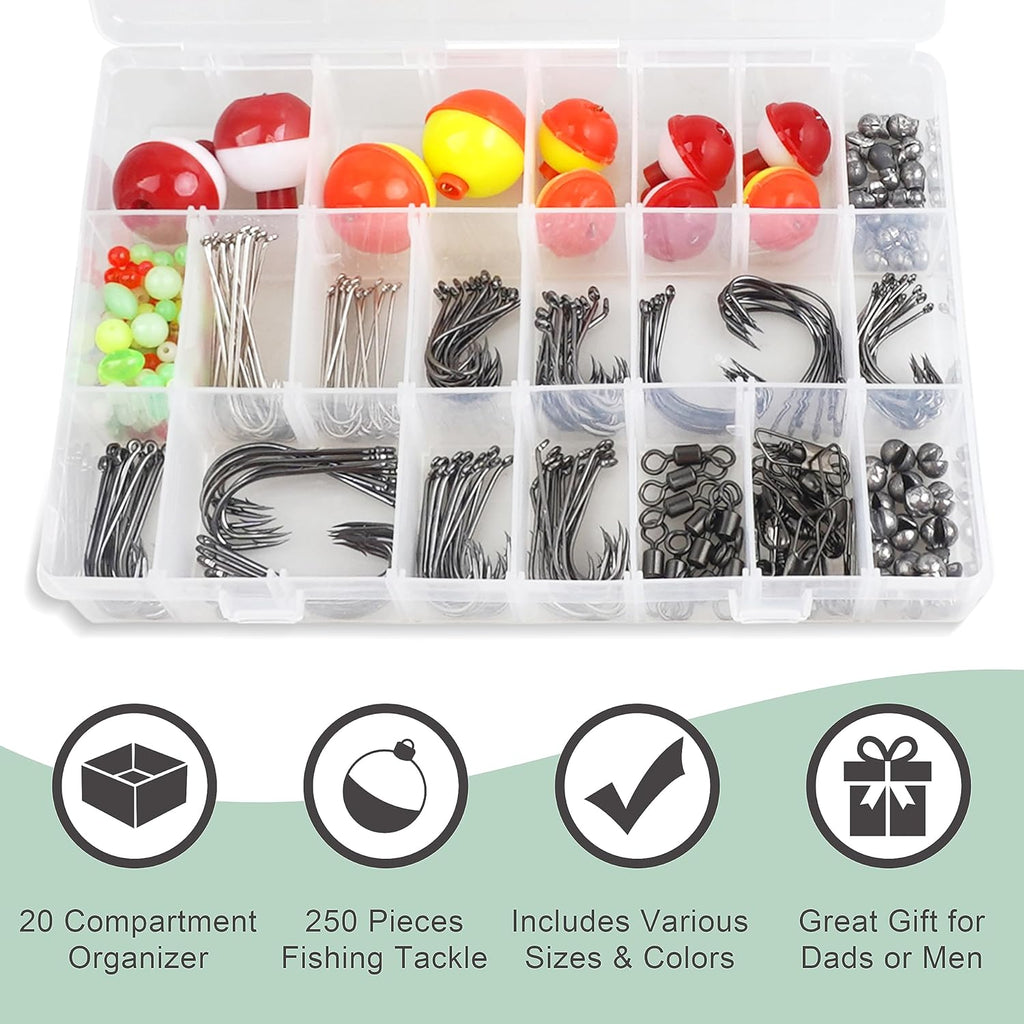 Fishing Hooks Bobbers Tackle Kit, 250pcs Basic Fishing Tackle Box Included Octopus Circle Hooks Baitholder Hooks Fishing Bobbers Weights Starter Kit for Panfish Catfish Freshwater Fishing