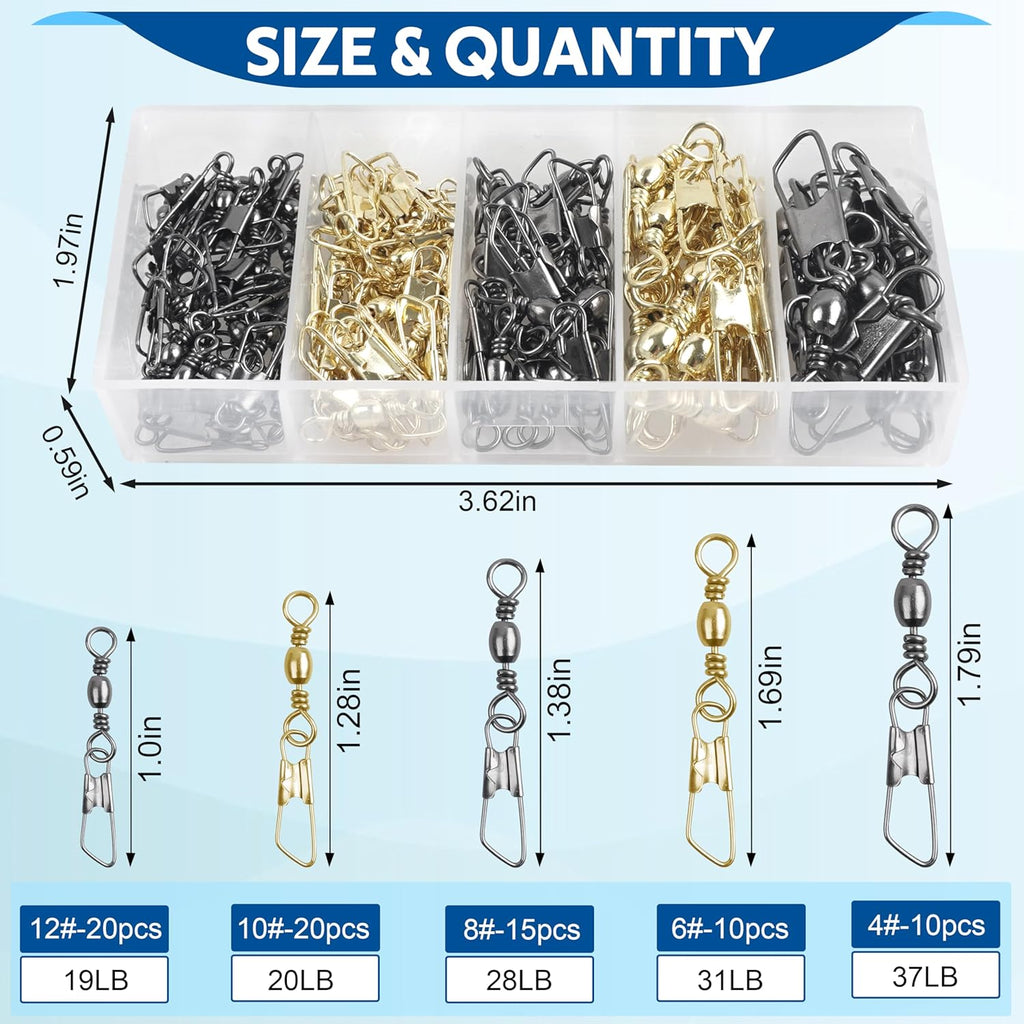 SILANON Fishing Snap Swivel Kit, 75pcs Rolling Barrel Swivels with Safety Snap High Strength Fishing Line Connector Swivels Snap Fishing Tackle