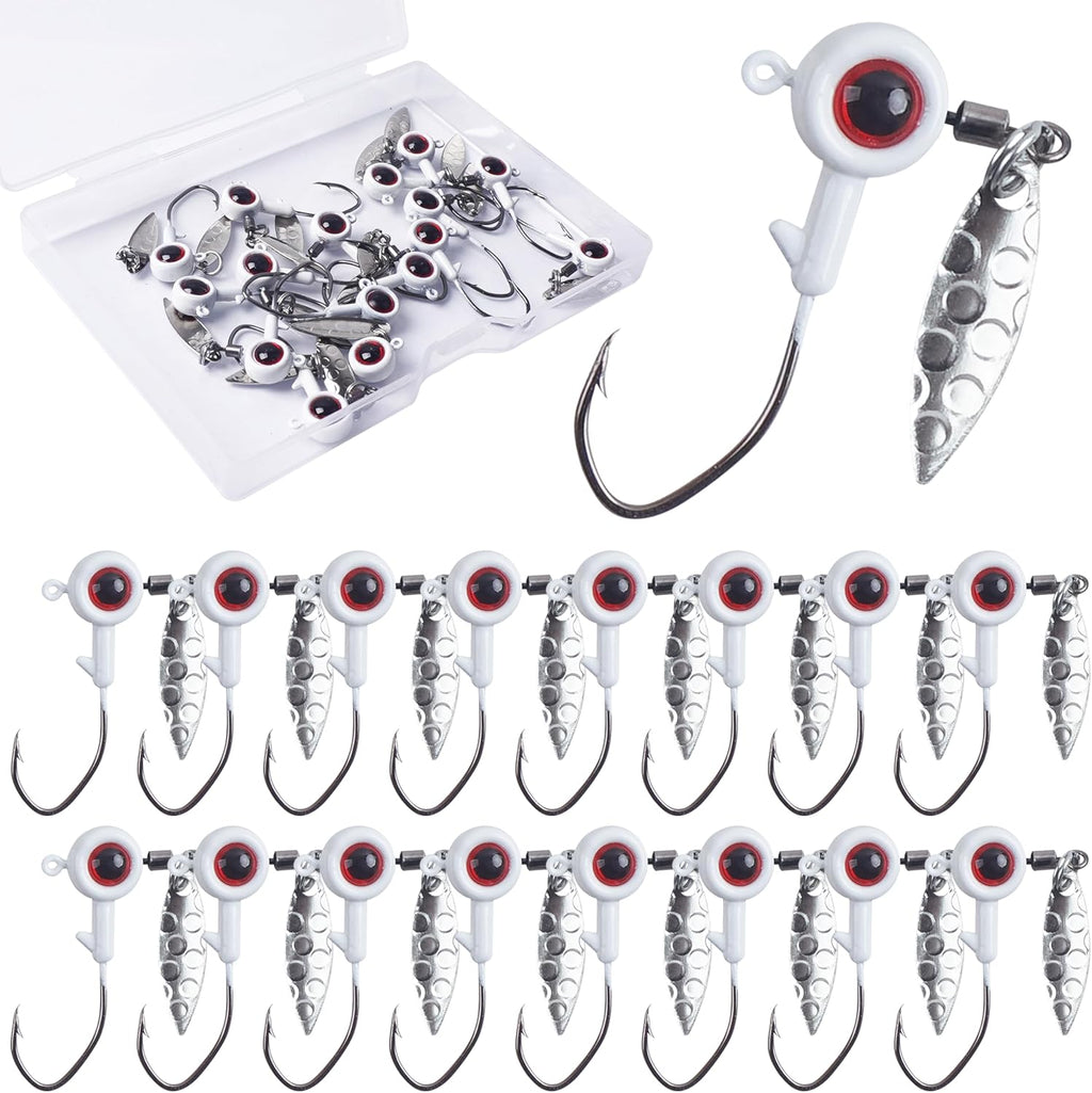 Crappie Jig Heads Kit, 16pcs Underspin Jig Heads with Spinner Blade 3D Eyes Fishing Jig Heads Hooks for Crappie Bass Trout Walleye Fishing 1/16oz 1/8oz 3/16oz