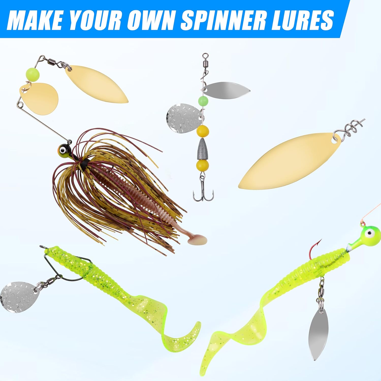 Spinner Blades for Lure Making,50pcs Easy Spin Colorado Willow Blades Kit Gold Silver Spinnerbait Blades Spoon DIY Fishing Lures Accessories for Spinner Baits Walleye Rig Making