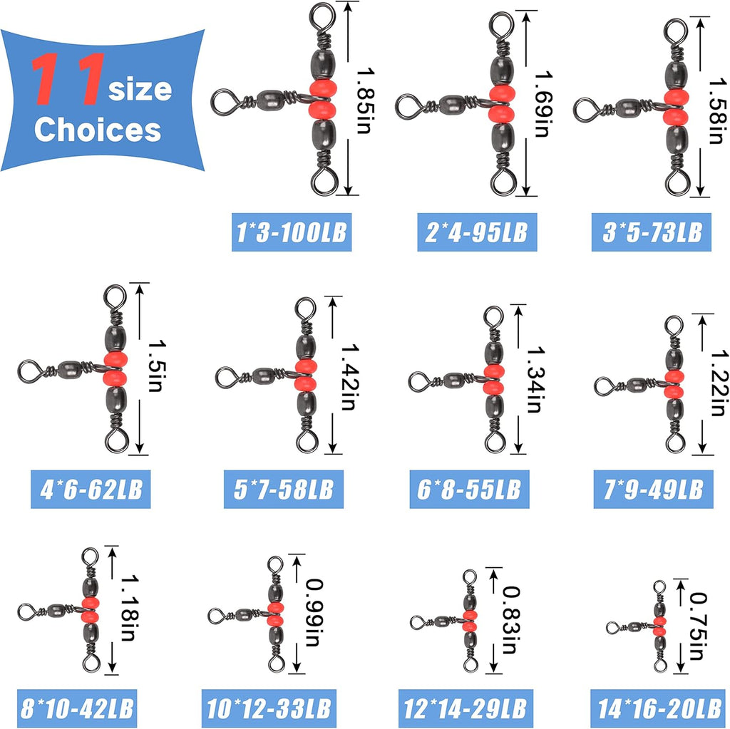 SILANON 3 Way T-Turn Barrel Swivels Fishing Tackle,40pcs Brass Barrel Triple Swivel Cross Line 3 Way Barrel Fishing Connector with Red Fishing Beads for Freshwater Saltwater Test 20-100LB