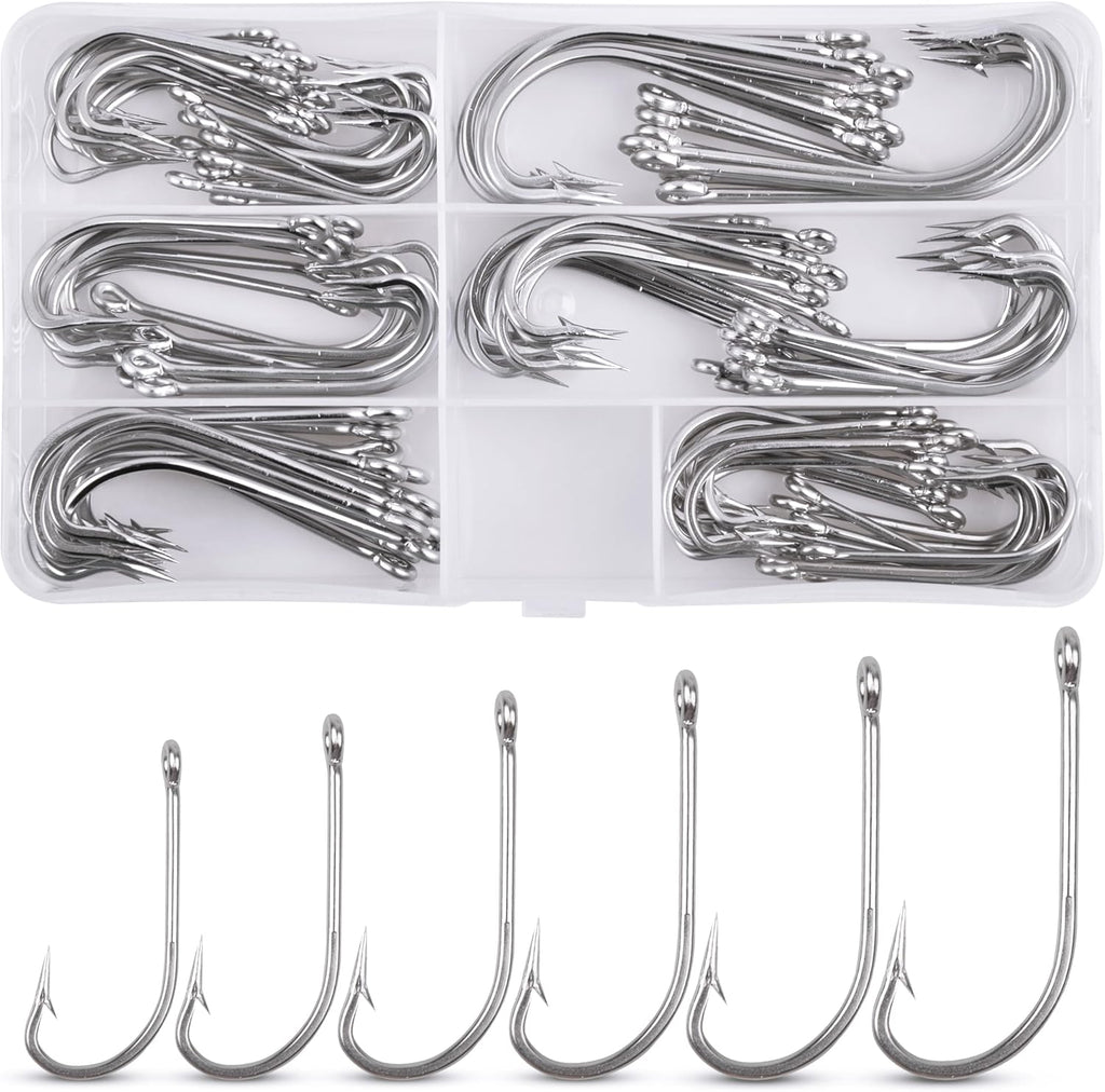 Saltwater Fishing J Hooks Kit,110pcs 34007 O'shaughnessy Forged Hooks Long Shank Stainless Steel J Fishing Hooks Set Trolling Sea Bass Fishhooks for Saltwater Freshwater