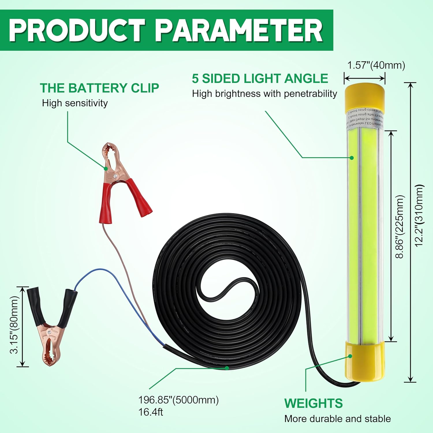Underwater Fishing Light 30000 Lumens 12V 50W LED Submersible Fishing Light Green Night Fish Attracting Light Waterproof Fishing Bait Finder Attractants Boat Lamp for Squid Shrimp Snook Crappie