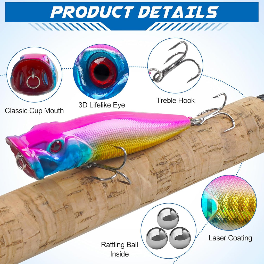 Popper Fishing Lures Kit,8pcs Saltwater Popper Lures Hard Baits Bass Fishing Lures Floating Lures Pencil Poppers Swimbaits for Bass Trout Walleye Freshwater Saltwater