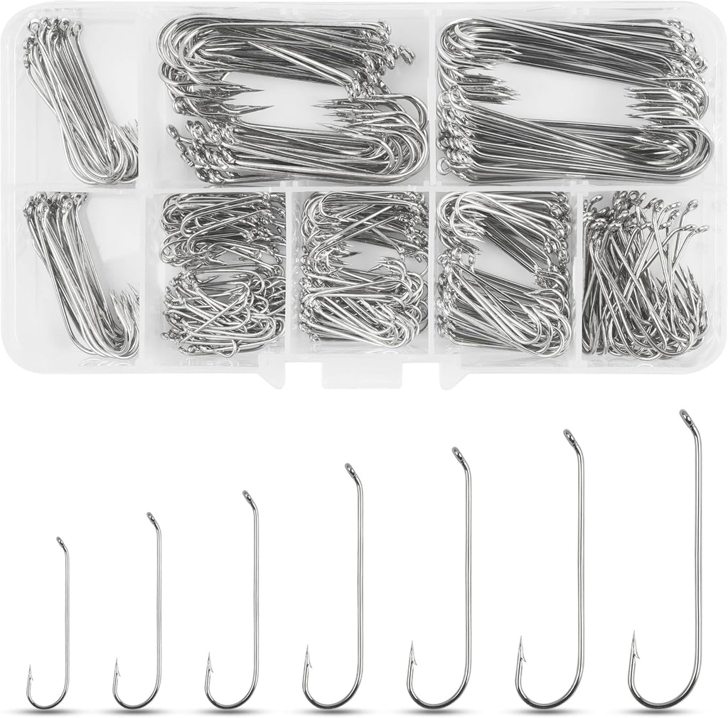 Fly Tying Hooks Assortment Kit, 410pcs Dry Fly Fishing Hooks Long Shank Eye Down Streamer Fly Hooks Dry Wet Flies Nymph Strimp & Pupa Streamer, Caddis Jig Fishing Hooks