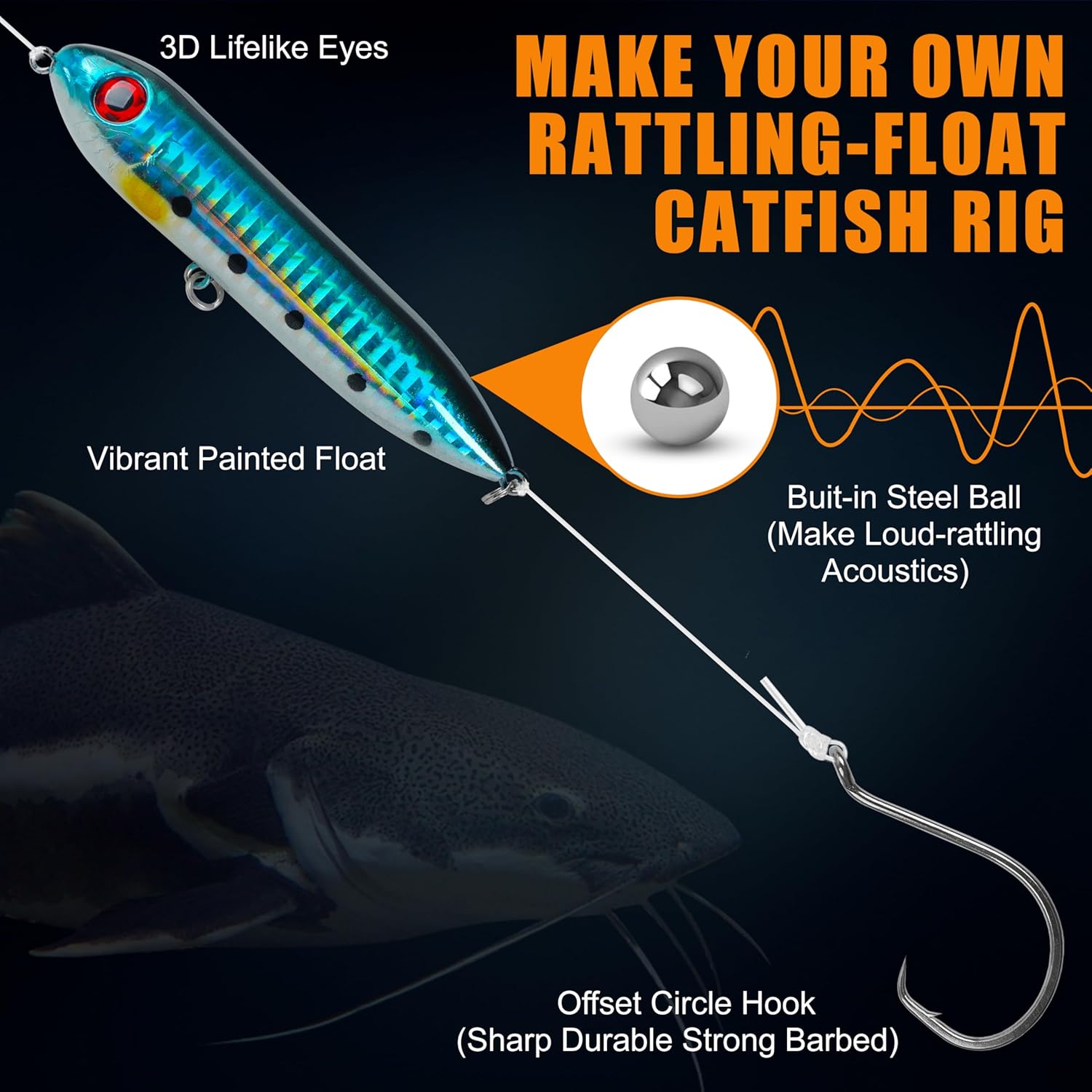 SILANON Catfish Rig Tackle Making Kit, Catfishing Tackle Accessories with Catfish Floats Catfish Hooks Swivels Fishing Rattles Bells Beads Bobber Stoppers Catfishing Gear Equipment