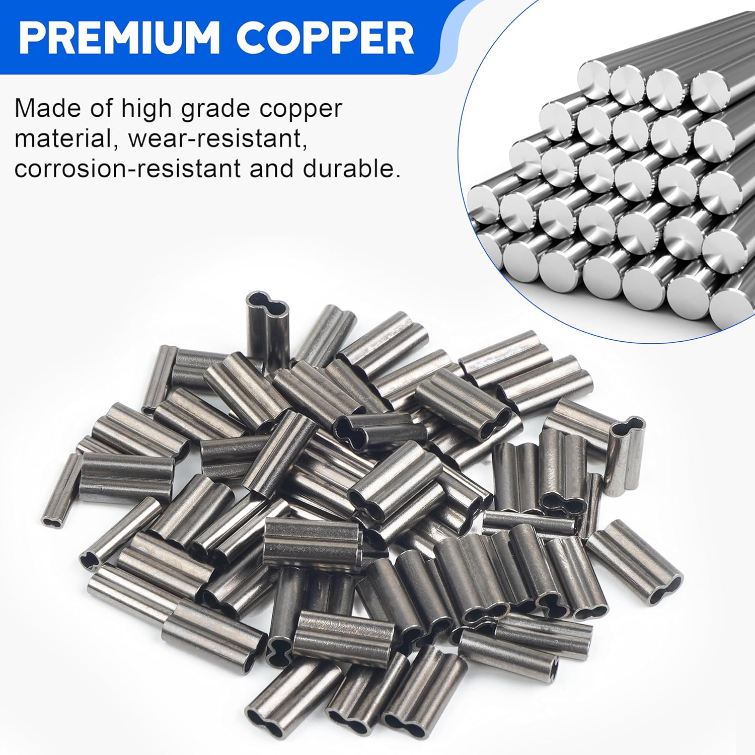 SILANON Double Barrel Crimp Sleeves,100pcs Fishing Crimp Sleeves Brass Copper Crimping Loop Sleeves Wire Rope Crimp Sleeves Fishing Line Tube Connector Wire Leader Rigging Tackle