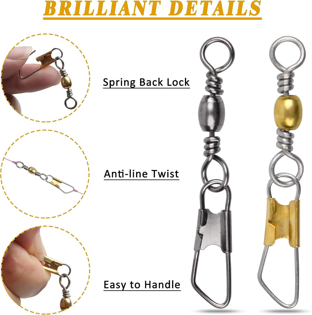 SILANON Fishing Barrel Swivel with Safety Snap,145/160pcs High Strength Fishing Snap Swivels Stainless Steel Line Connector Saltwater Fishing Tackle Accessories