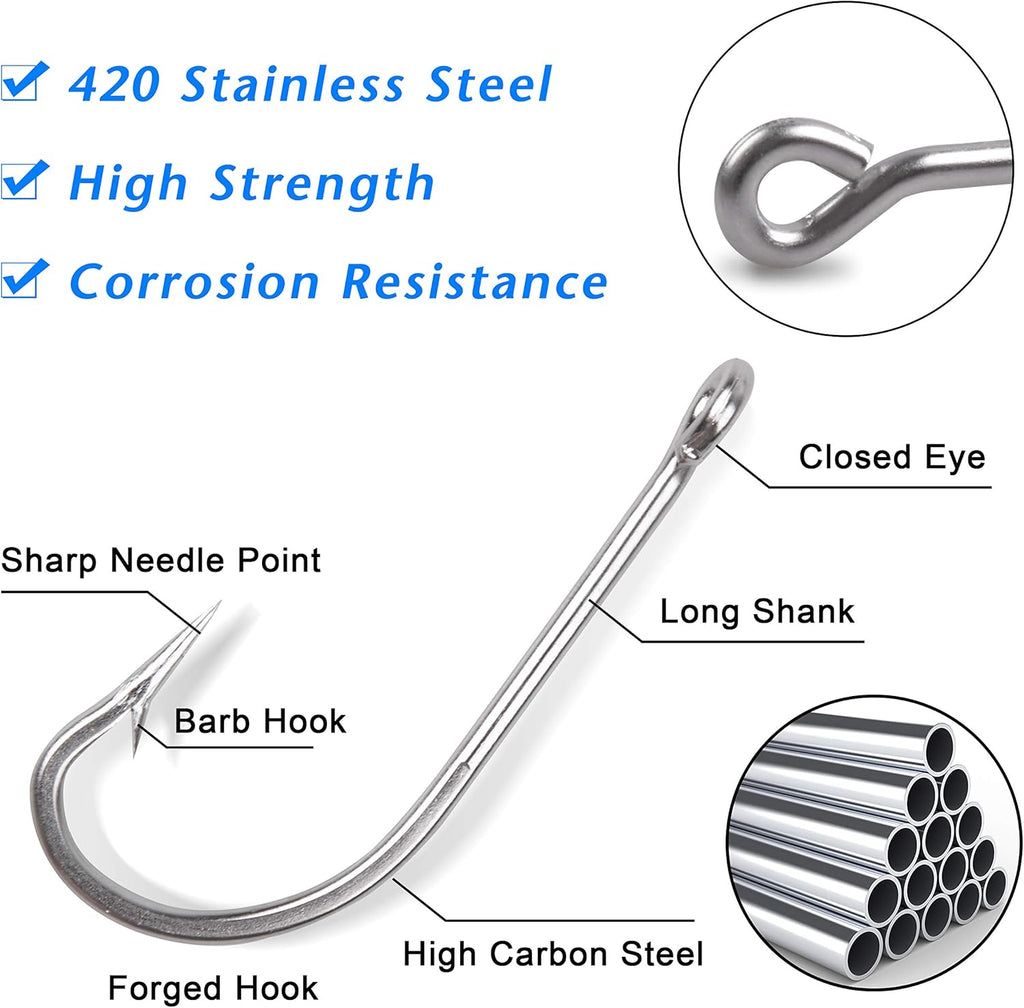 Saltwater Fishing J Hooks Kit,110pcs 34007 O'shaughnessy Forged Hooks Long Shank Stainless Steel J Fishing Hooks Set Trolling Sea Bass Fishhooks for Saltwater Freshwater