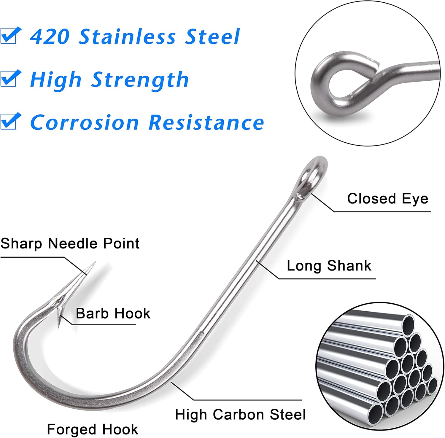 Saltwater Fishing J Hooks Kit,110pcs 34007 O'shaughnessy Forged Hooks Long Shank Stainless Steel J Fishing Hooks Set Trolling Sea Bass Fishhooks for Saltwater Freshwater