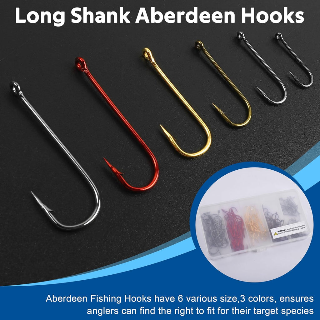 Aberdeen Fishing Hooks Set,150pcs Crappie Panfish Hooks Long Shank Aberdeen Hooks High Carbon Steel Assorted Small Light Wire Fishing Hooks for Bass Trout Catfish Sunfish Freshwater