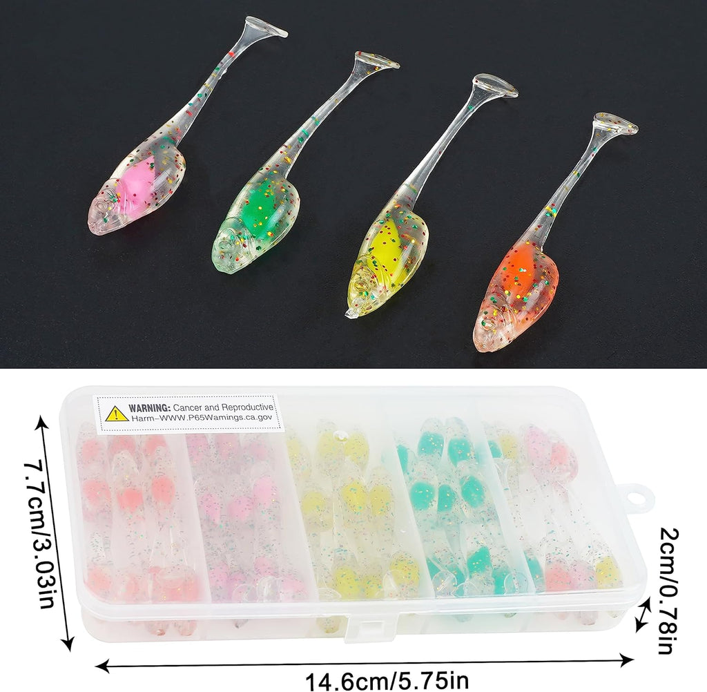 Crappie Lures Jigs Heads Kit, 55/48pcs Crappie Baits with Underspin Jig Heads Set Split Paddle Tail Grub Baits Soft Plastic Fishing Lures for Bass Panfish Saltwater Freshwater