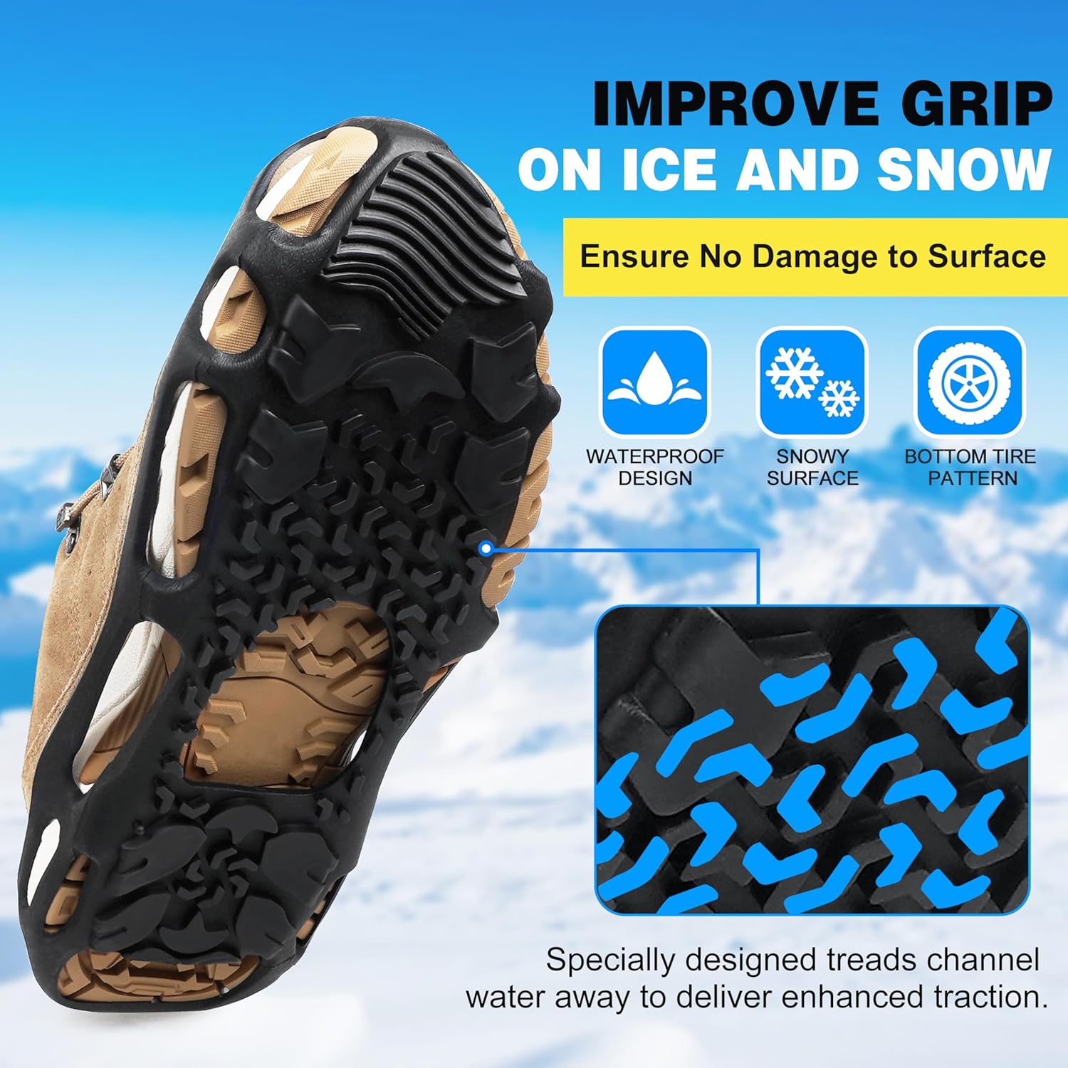 Spikeless Ice Cleats, Indoor Outdoor Snow Traction Crampons Anti-Slip Roofing Shoes Grips Grippers Slip-On Rubber Tread Overshoes Spikeless Traction Devices for Slick Wet Slippery Surfaces
