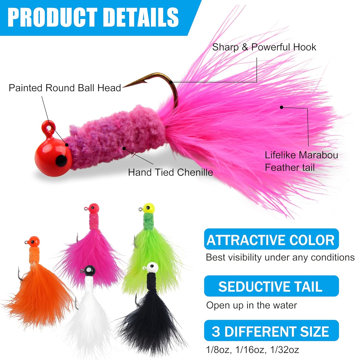 Marabou Jigs Fishing Lure Kit,25pcs Crappie Jigs Head Marabou Feather Jig Head Hooks Fishing Hair Jigs Baits for Bass Trout Walleye Panfish 1/32oz 1/16oz 1/8oz