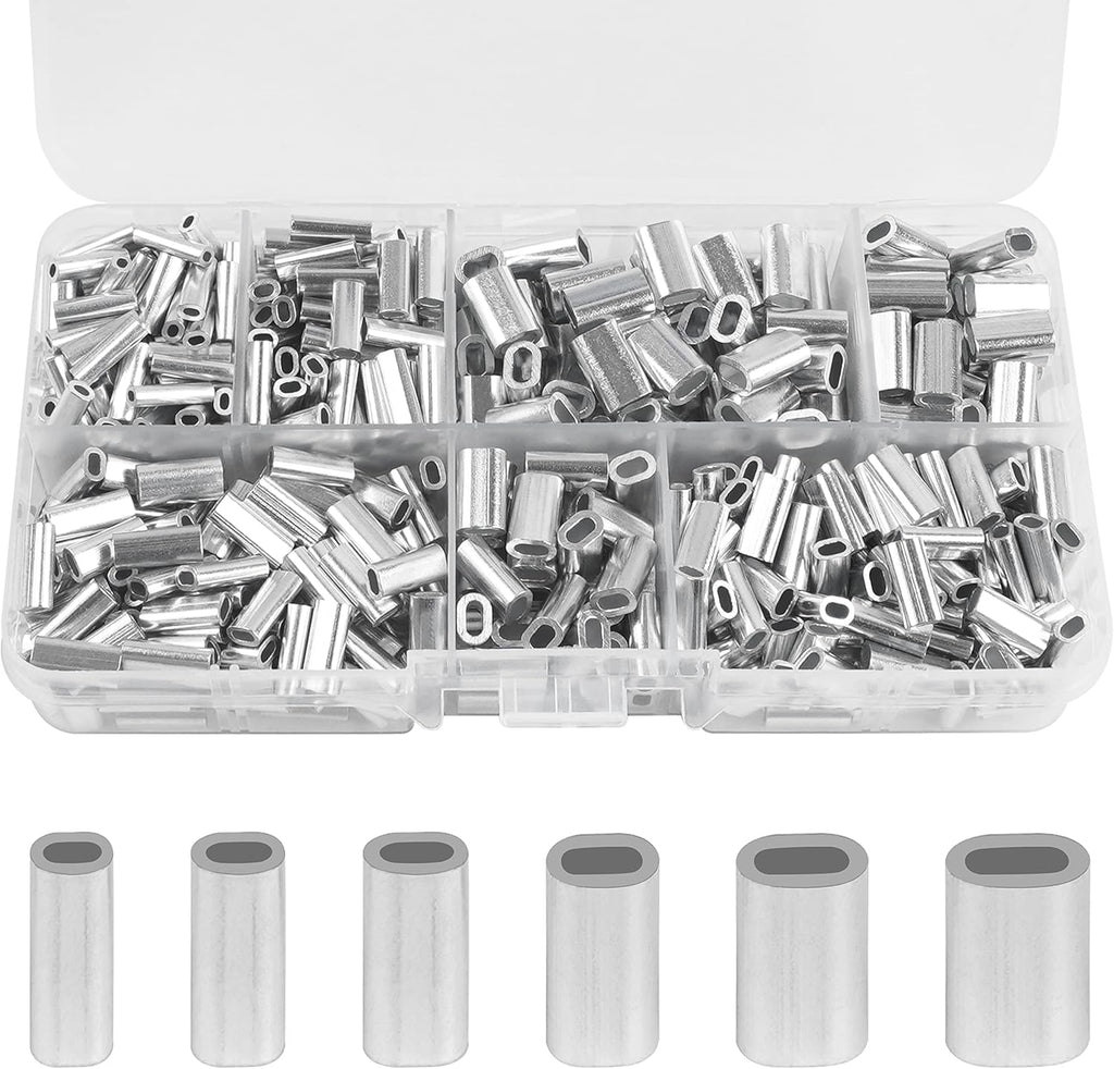 SILANON Fishing Aluminum Crimp Sleeves Kit, 500pcs Single Barrel Crimp Sleeves Oval Crimping Loop Sleeve Assortment Fishing Line Tube Connector Wire Leader Rigging Tackle for Wire Rope Cable