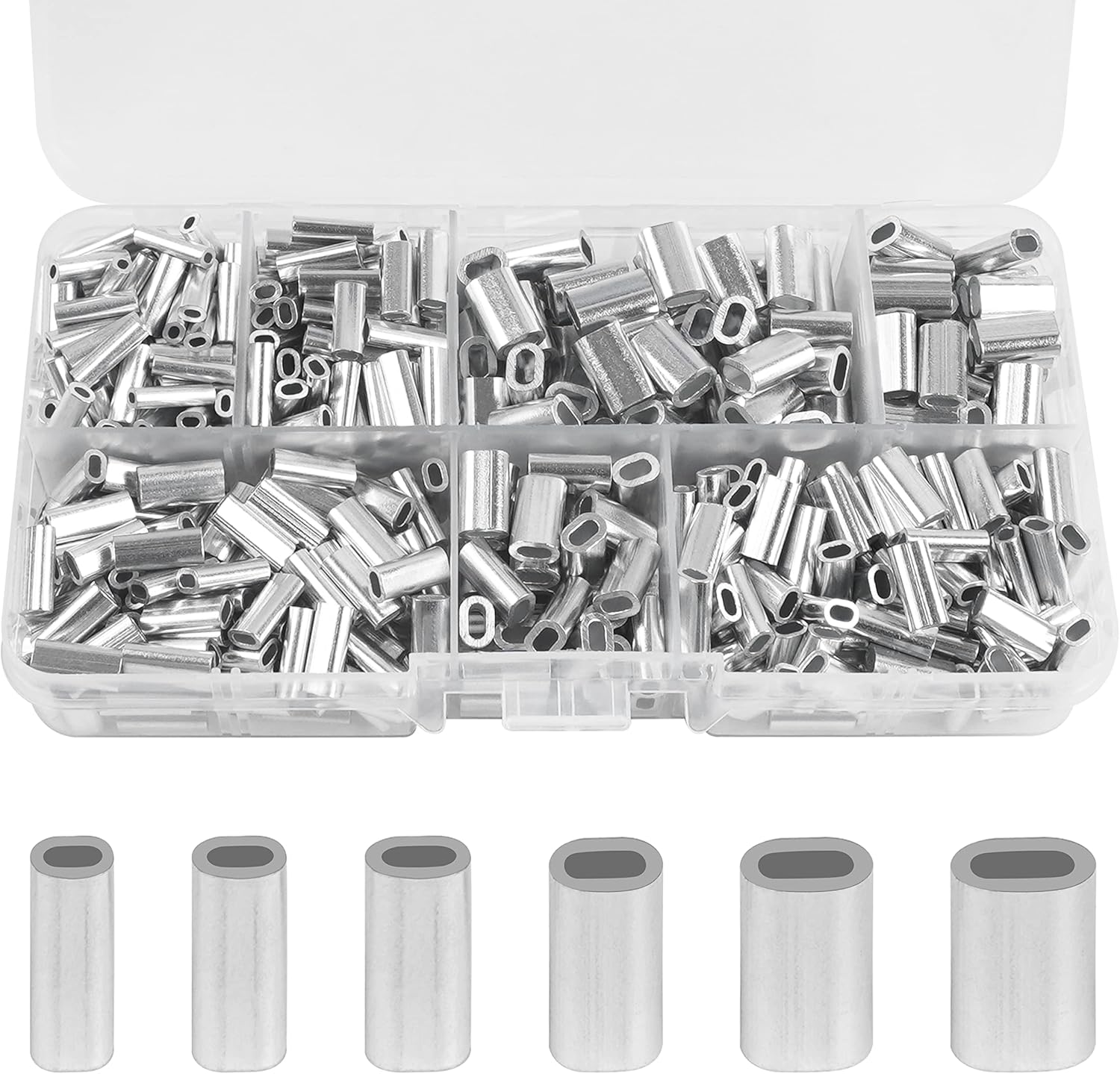 SILANON Fishing Aluminum Crimp Sleeves Kit, 500pcs Single Barrel Crimp Sleeves Oval Crimping Loop Sleeve Assortment Fishing Line Tube Connector Wire Leader Rigging Tackle for Wire Rope Cable