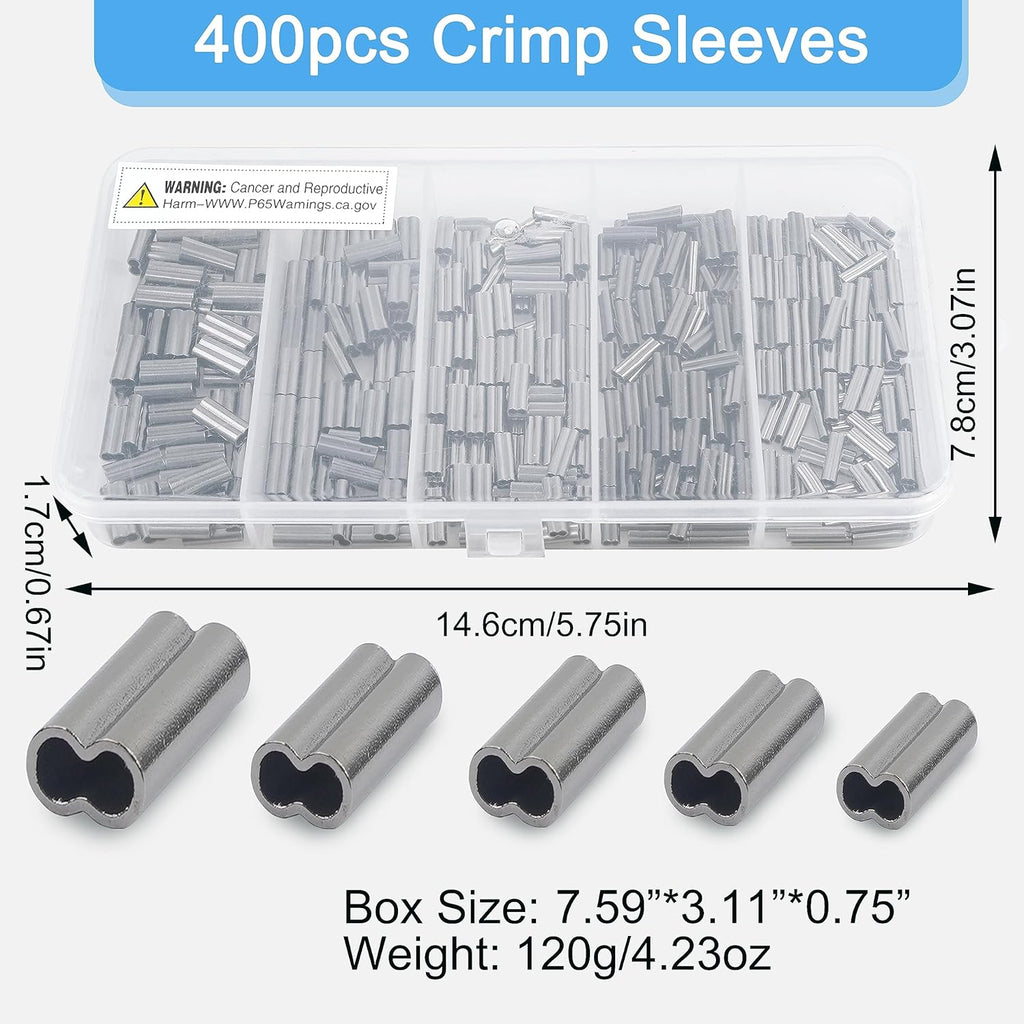 SILANON Fishing Crimp Sleeves Kit, 400pcs Double Barrel Crimp Sleeves Copper Brass Crimping Loop Sleeves Fishing Line Crimps Tube Connectors Wire Leader Rigging Tackle Set