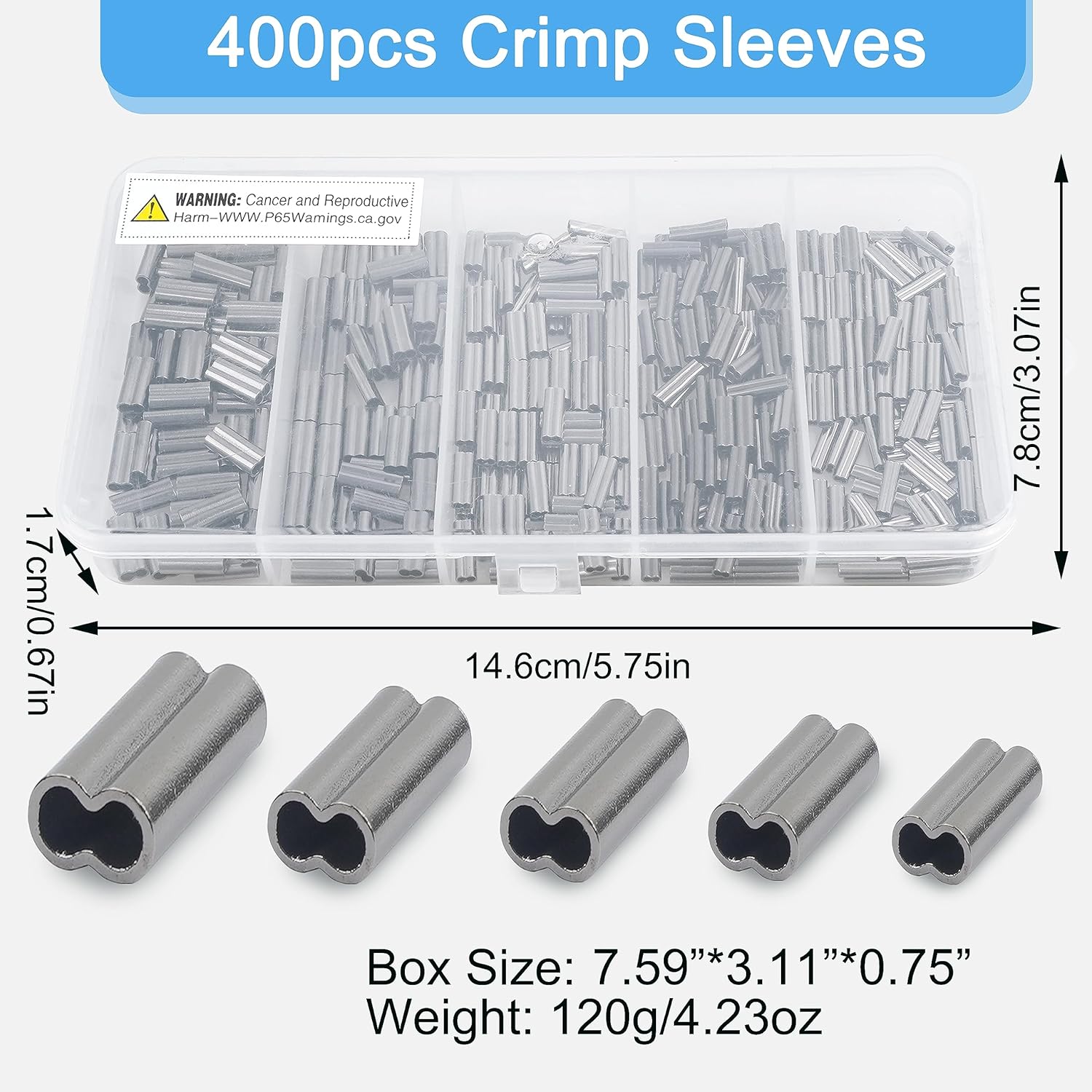 SILANON Fishing Crimp Sleeves Kit, 400pcs Double Barrel Crimp Sleeves Copper Brass Crimping Loop Sleeves Fishing Line Crimps Tube Connectors Wire Leader Rigging Tackle Set