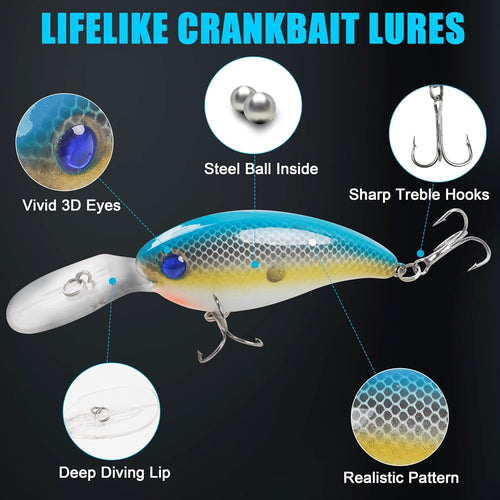 Crankbait Fishing Lures Kit,8pcs Deep Diving Crankbait Swimbait Bass Fishing Lures Hard Baits Minnow Crank Bait Lures for Bass Trout Salmon Freshwater Saltwater