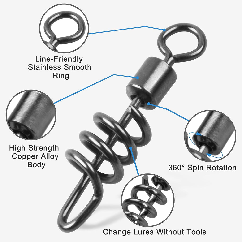 SILANON Fishing Corkscrew Snaps Swivel, 50pcs Stainless Steel Swirl Snap Swivels Barrel Rolling Swivels with Corkscrew Quick Clips Saltwater Freshwater Fishing Lure Line Connectors 2/0-8#