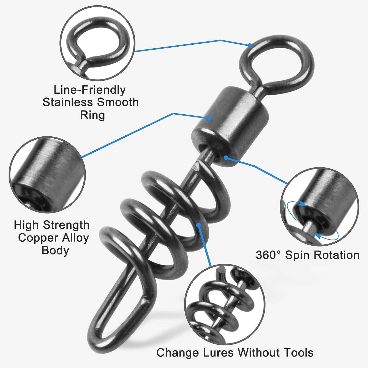 SILANON Fishing Corkscrew Snaps Swivel, 50pcs Stainless Steel Swirl Snap Swivels Barrel Rolling Swivels with Corkscrew Quick Clips Saltwater Freshwater Fishing Lure Line Connectors 2/0-8#