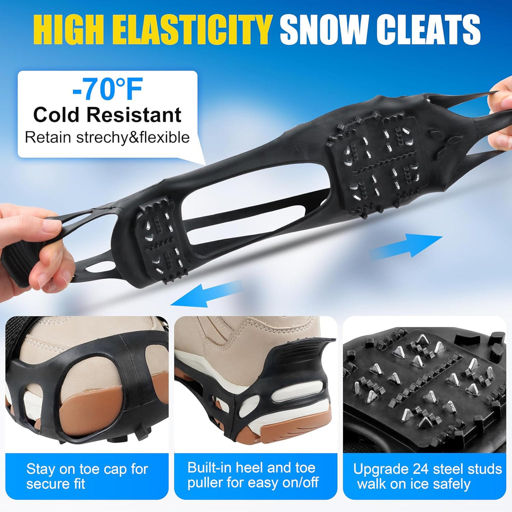Ice Cleats Crampons for Shoes and Boots Anti Slip Snow Cleats 24 Shoe Spikes for Snow and Ice Grippers Crampons for Hiking Boots Women Men Kids Winter Walking Hiking Fishing