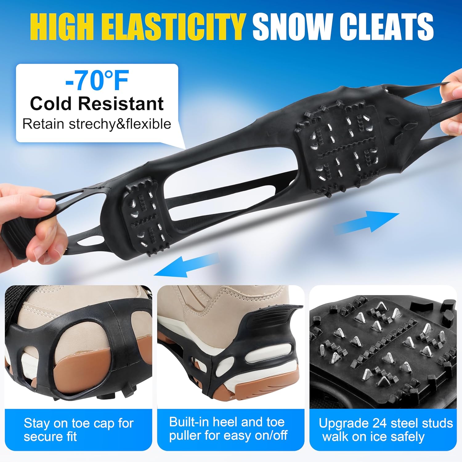 Ice Cleats Crampons for Shoes and Boots Anti Slip Snow Cleats 24 Shoe Spikes for Snow and Ice Grippers Crampons for Hiking Boots Women Men Kids Winter Walking Hiking Fishing