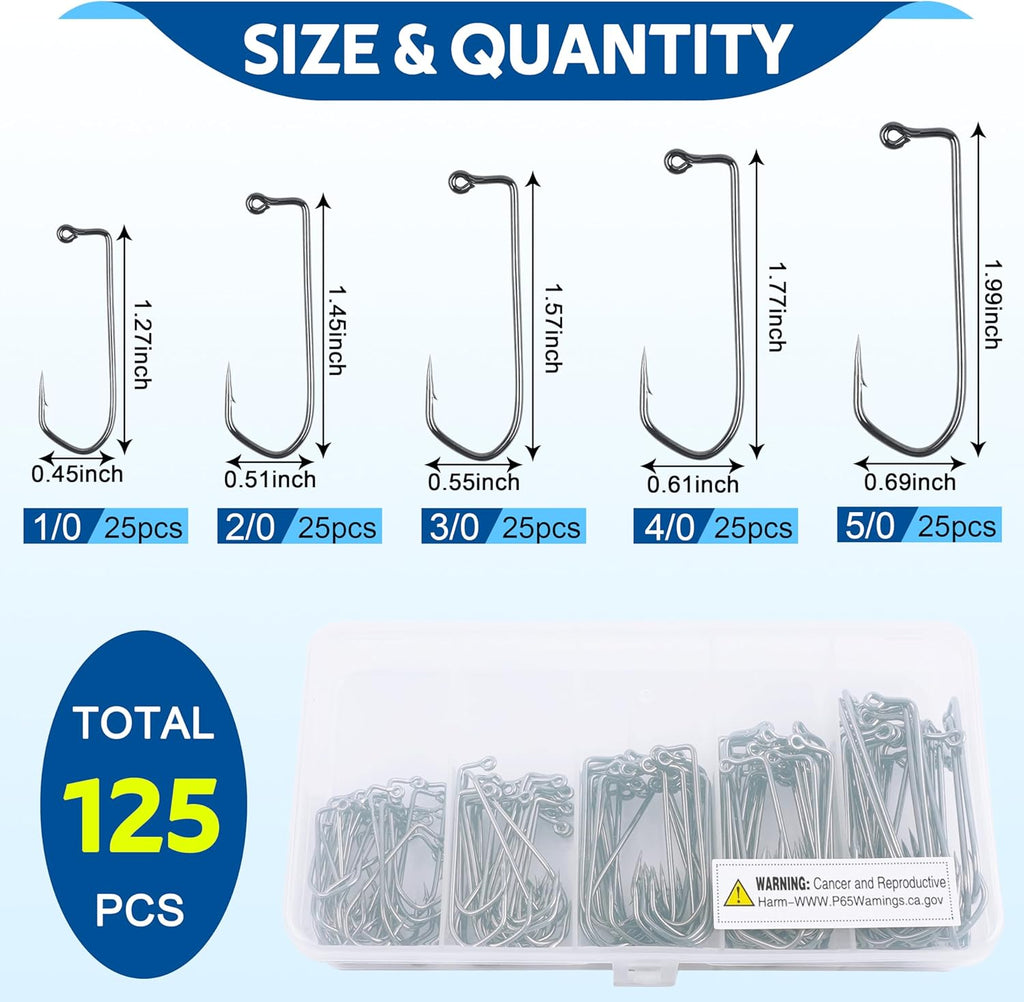 SILANON 90 Degree Aberdeen Jig Hooks Kit, 125pcs High Carbon Steel Fishing Hooks (1/0-5/0) for Saltwater & Freshwater