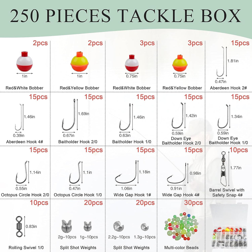 Fishing Hooks Bobbers Tackle Kit, 250pcs Basic Fishing Tackle Box Included Octopus Circle Hooks Baitholder Hooks Fishing Bobbers Weights Starter Kit for Panfish Catfish Freshwater Fishing
