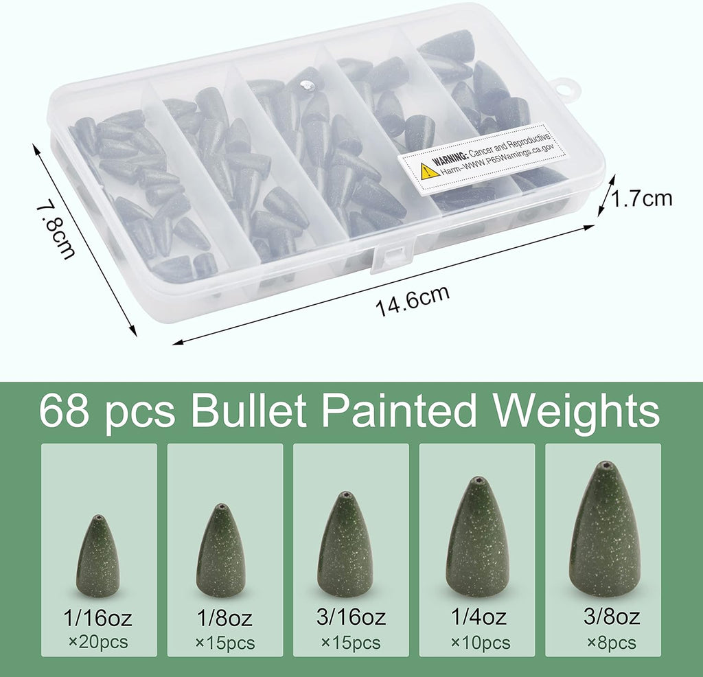 Bullet Fishing Weights Sinkers Kit, 68pcs Painted Worm Weights Fishing Sinkers Texas Rig Weights Slip Sinkers Assorted Set for Bass Fishing Saltwater Freshwater