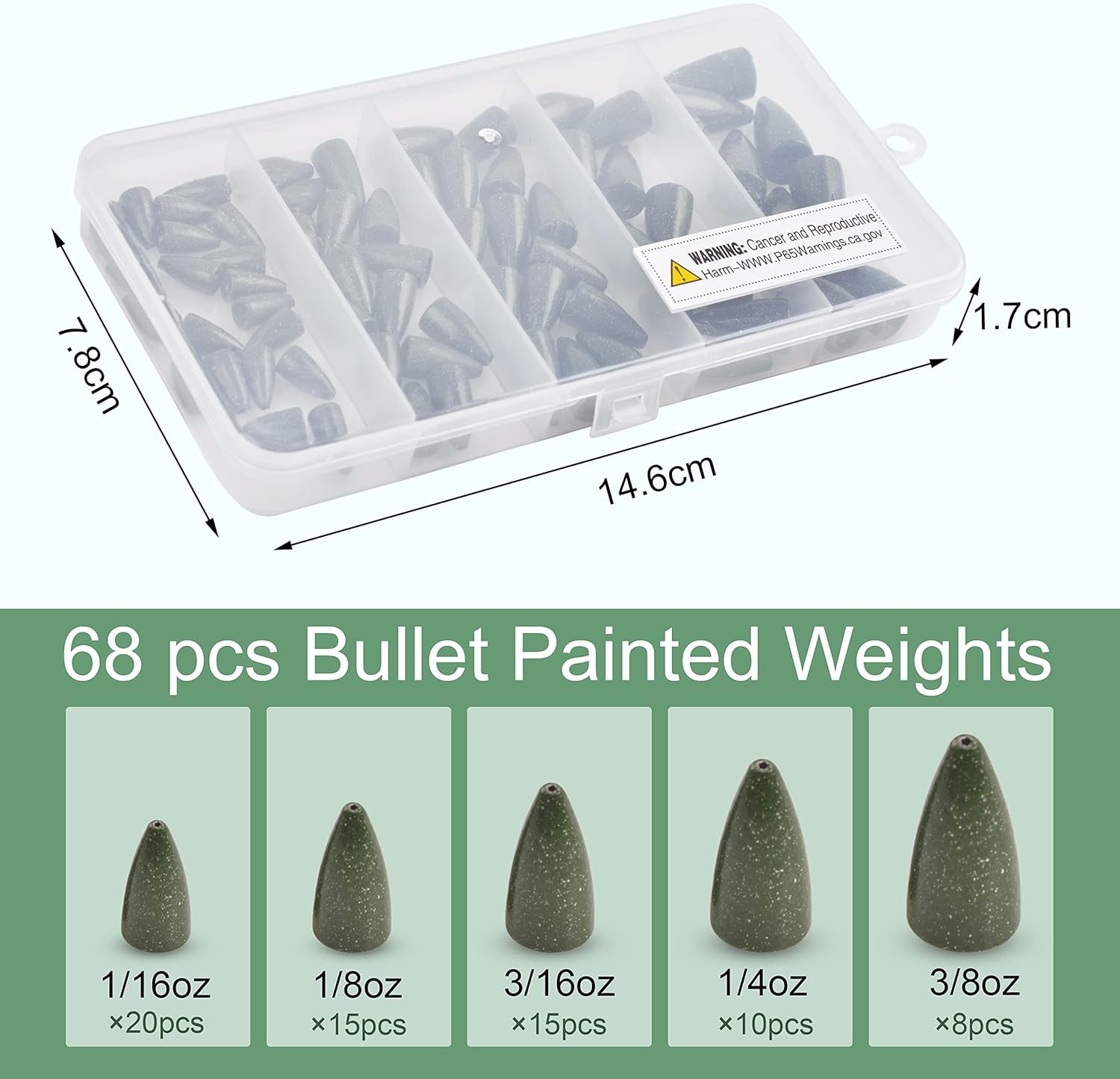 Bullet Fishing Weights Sinkers Kit, 68pcs Painted Worm Weights Fishing Sinkers Texas Rig Weights Slip Sinkers Assorted Set for Bass Fishing Saltwater Freshwater