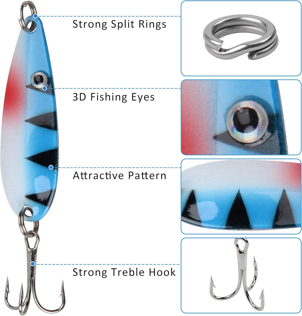 Fishing Spoons Lures Kit,30pcs Hard Metal Fishing Spinner Baits Trout Lures Casting Trolling Trout Spoons Fishing Lures with Treble Hooks for Bass Salmon Pike Walleye